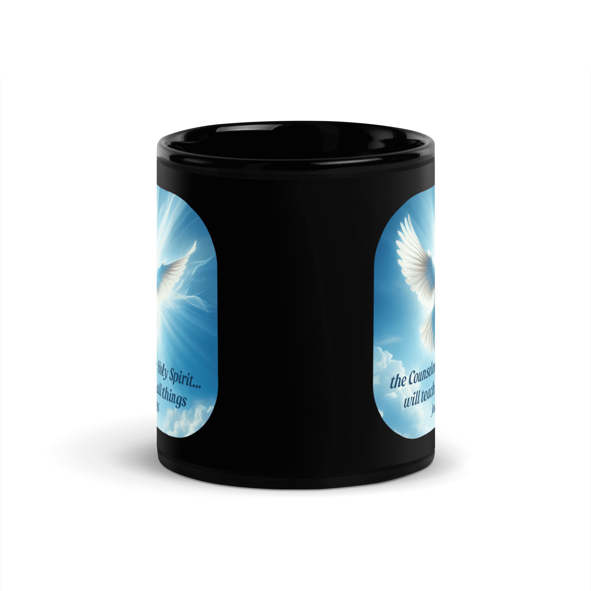 John 14:26 Bible Verse, Holy Spirit Dove Black Glossy Mug