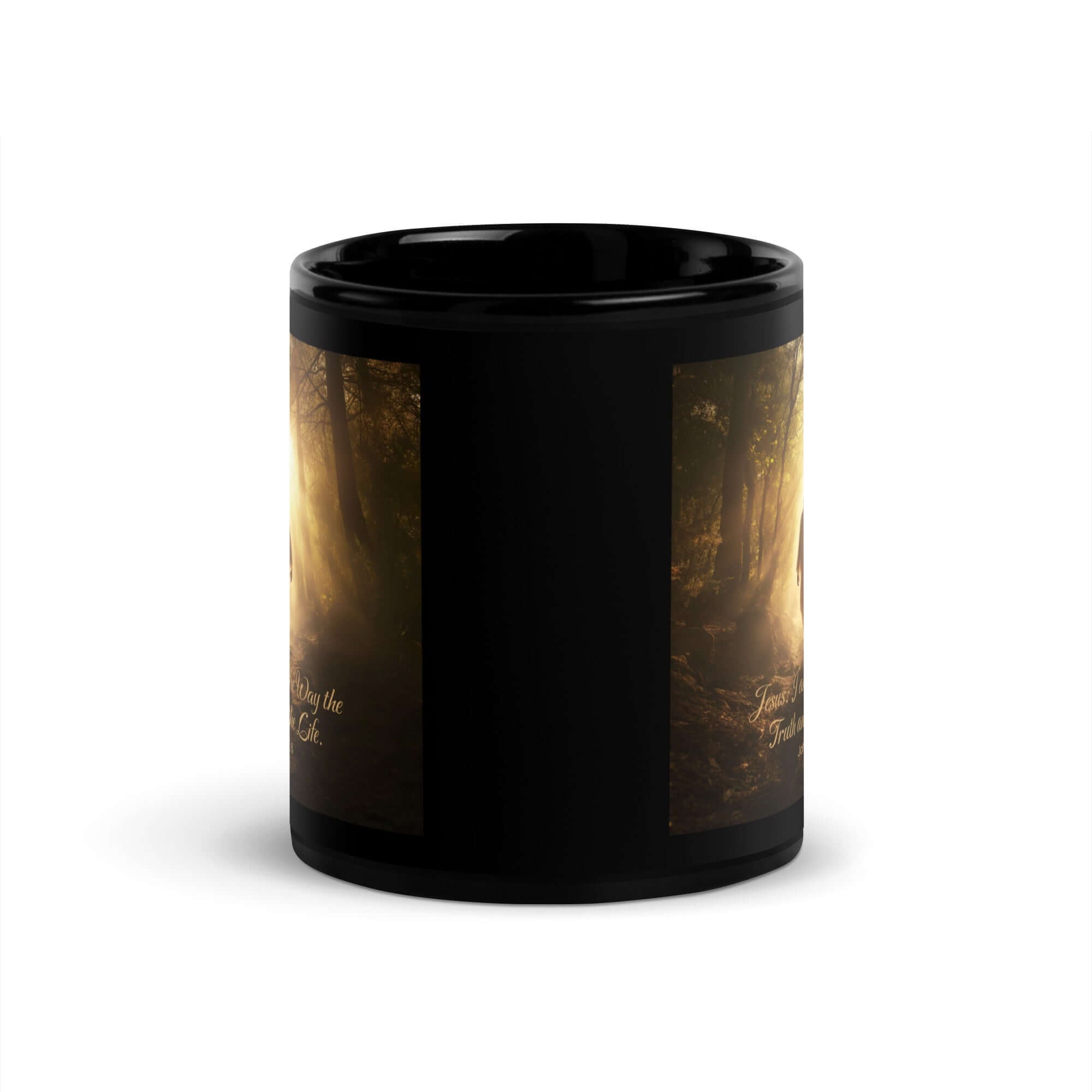 John 14:6 Bible Verse, Forest Image Black Glossy Mug