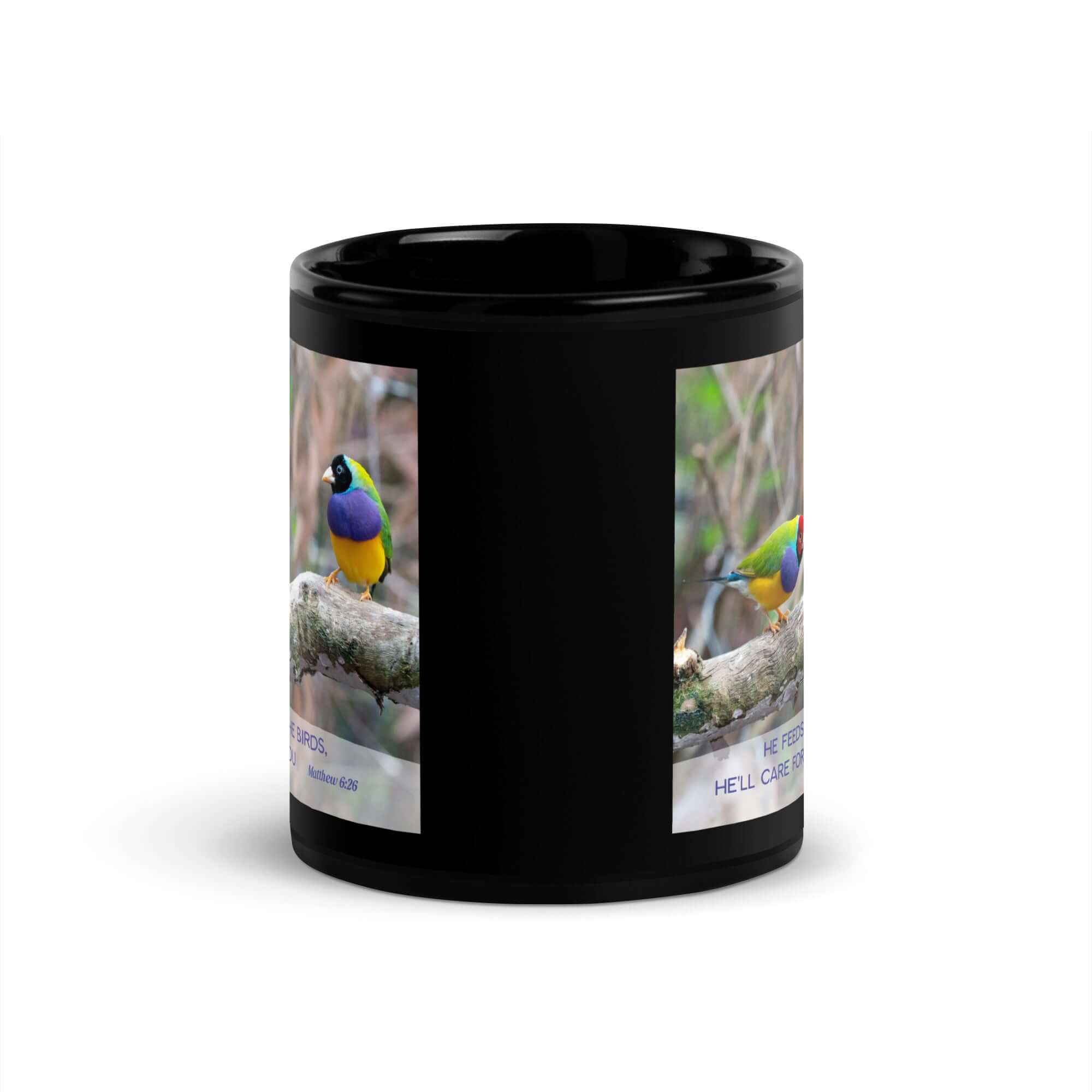Matthew 6:26 Gouldian Finches, He'll Care for You Black Glossy Mug