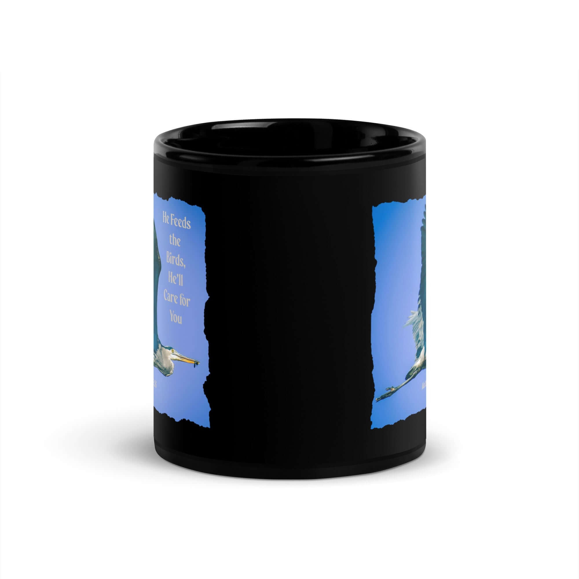 Matthew 6:26 Graceful Heron, He'll Care for You Black Glossy Mug