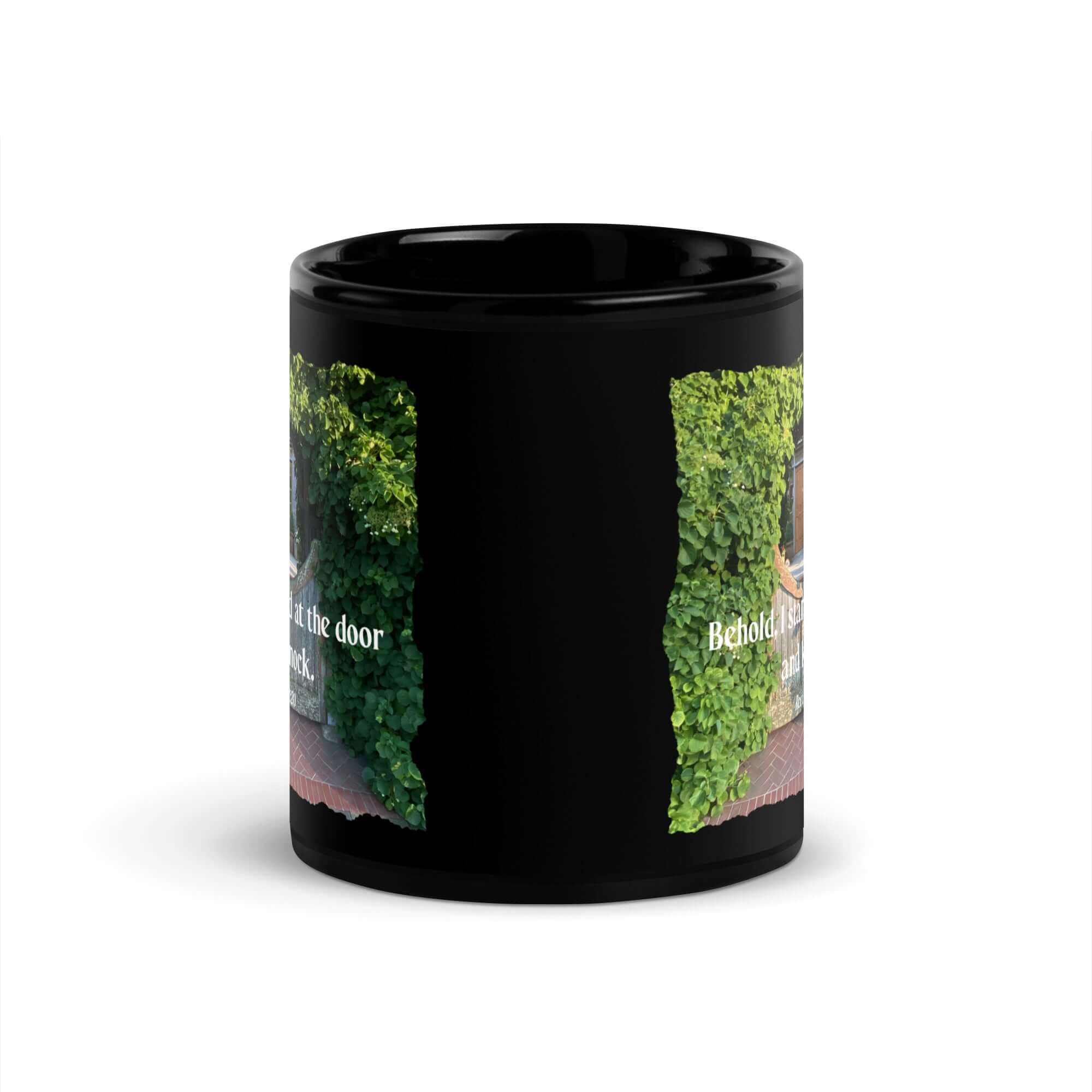 Revelation 3:20 Bible Verse, Garden Doorway Black Glossy Mug
