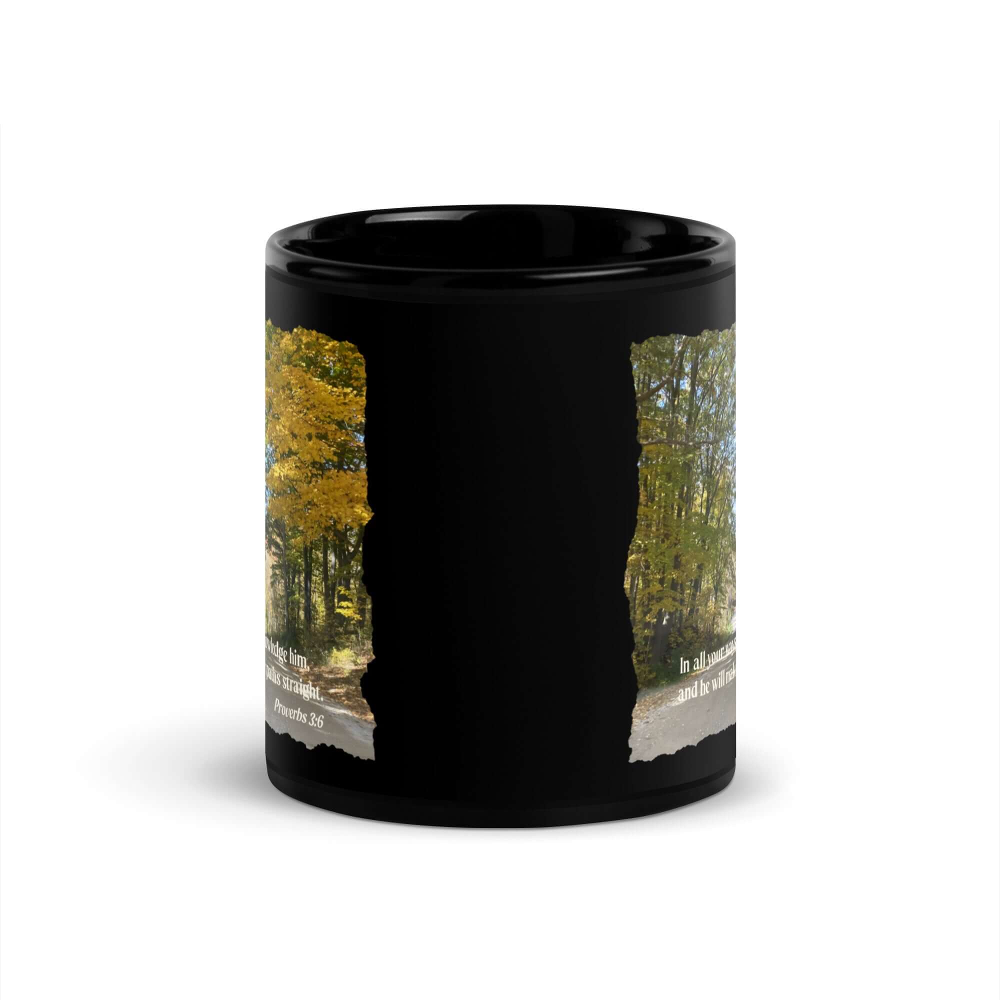 Proverbs 3:6 Bible Verse, Fall Road Black Glossy Mug
