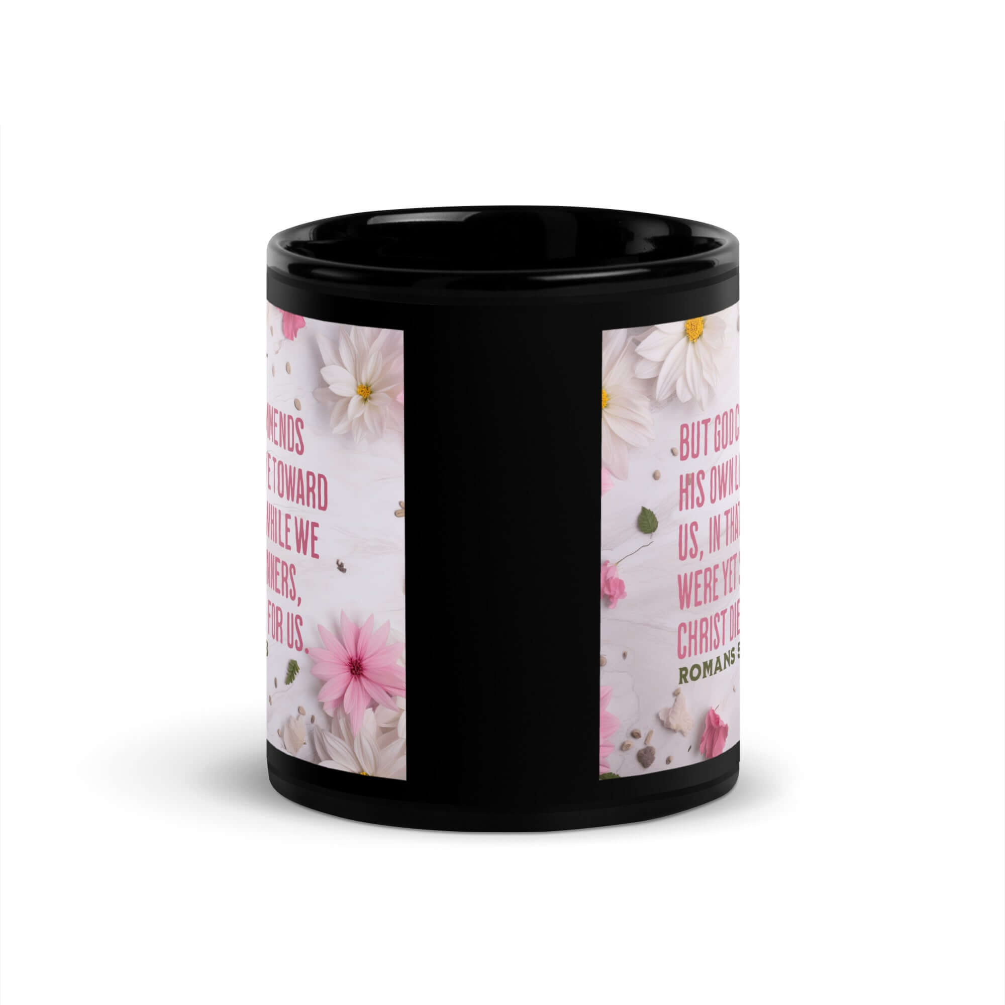 Romans 5:8 Bible Verse, Christ Died for Us Black Glossy Mug