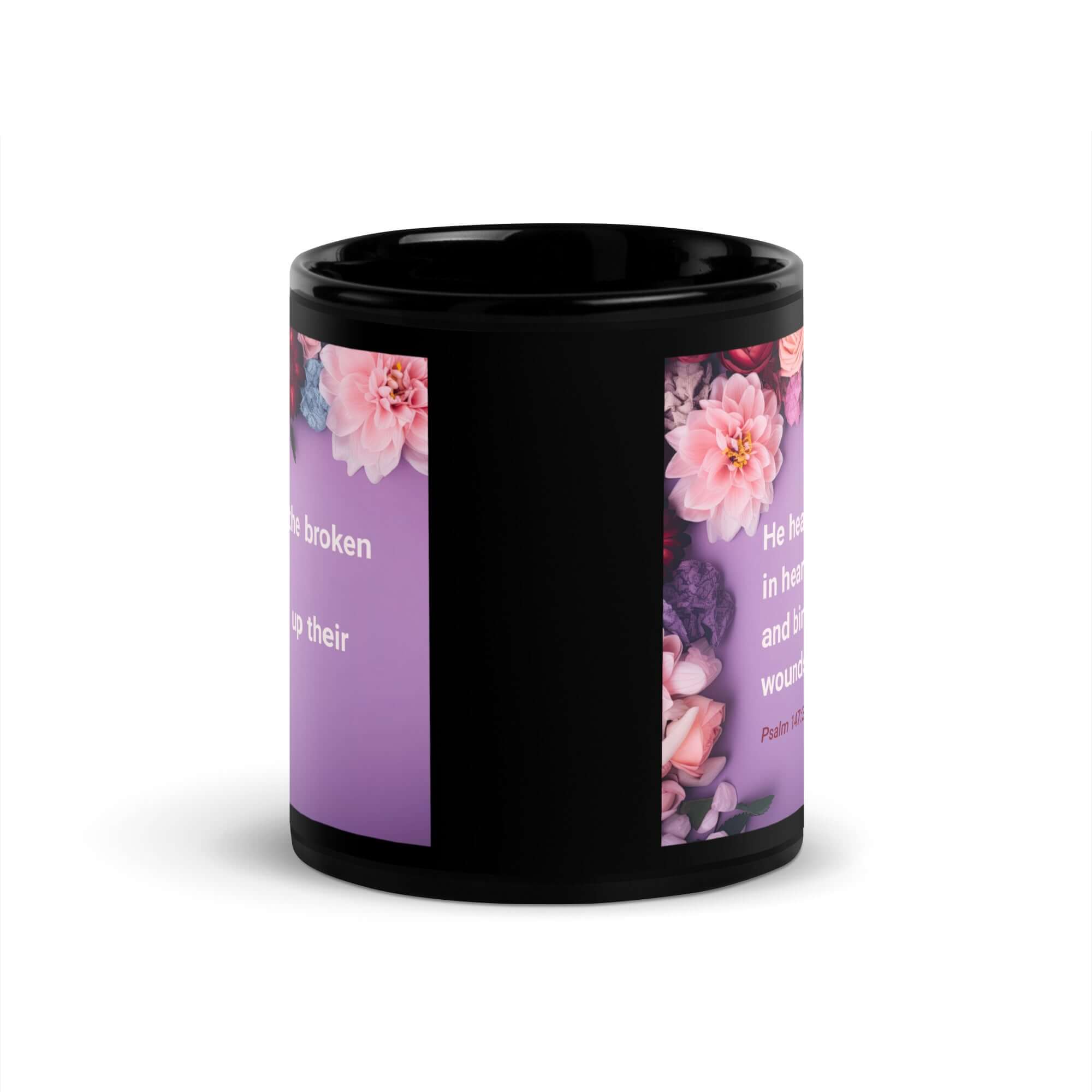 Psalm 147:3 Bible Verse, He heals the broken Black Glossy Mug