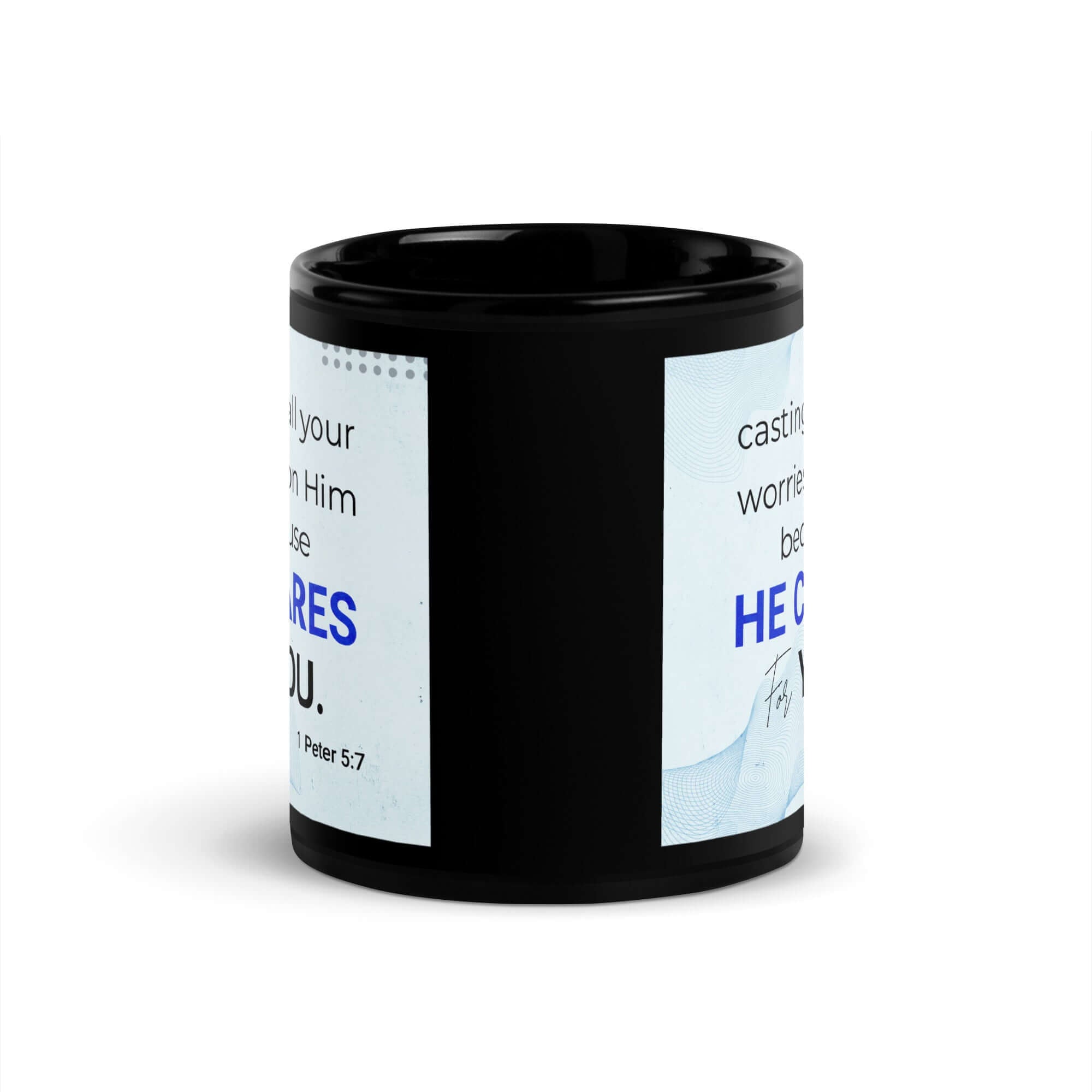 1 Peter 5:7 Bible Verse, casting all your worries on Him Black Glossy Mug