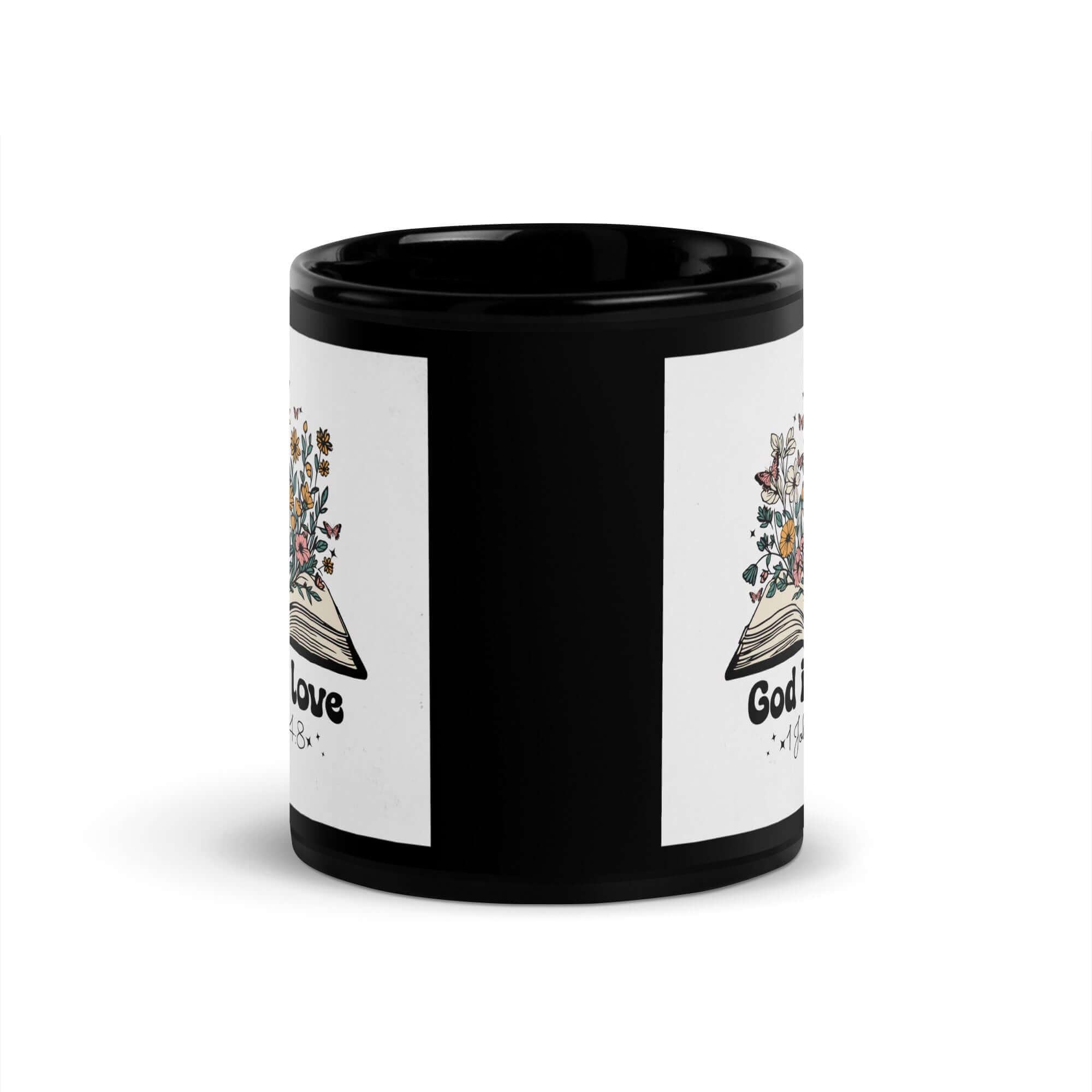 1 John 4:8 Bible Verse, God is Love Black Glossy Mug