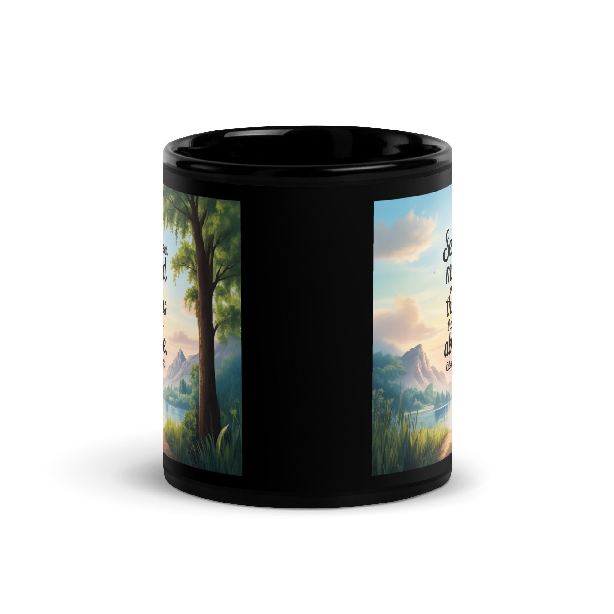 Colossians 3:2 Bible Verse Set Black Glossy Mug