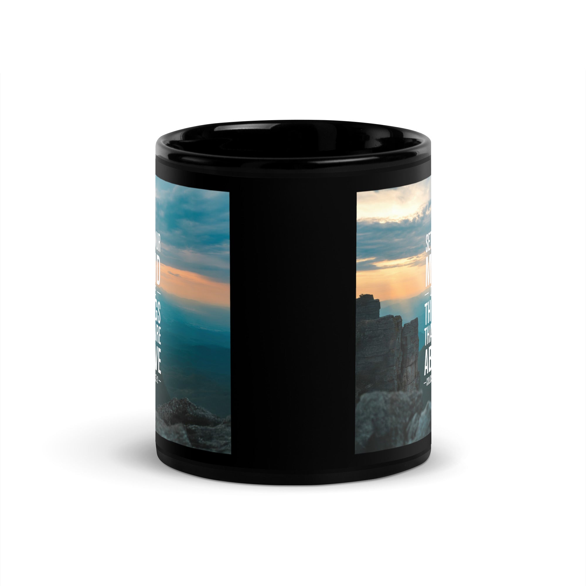 Colossians 3:2 Bible Verse on the Black Glossy Mug