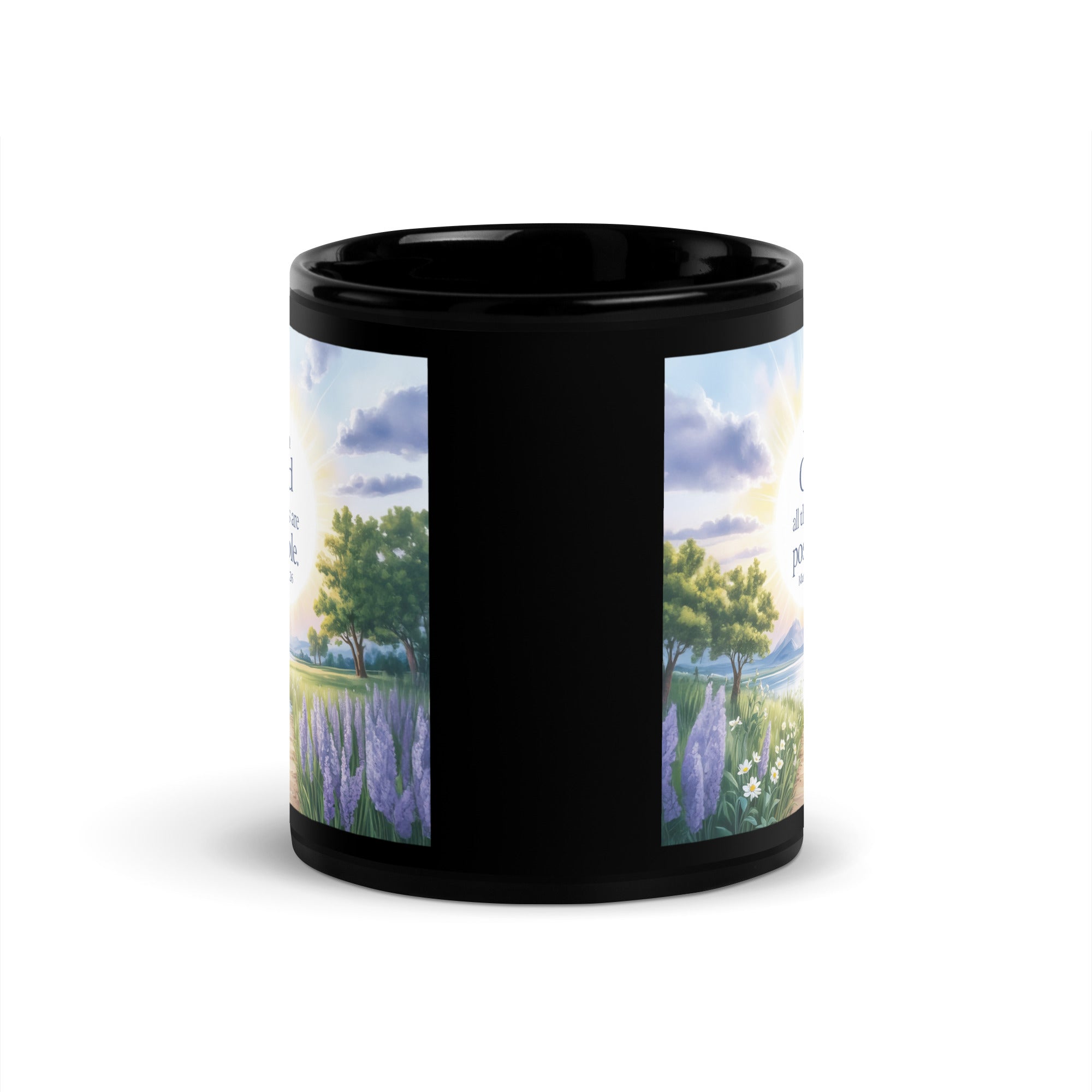 Matthew 19:26 Bible Verse Looking at Black Glossy Mug