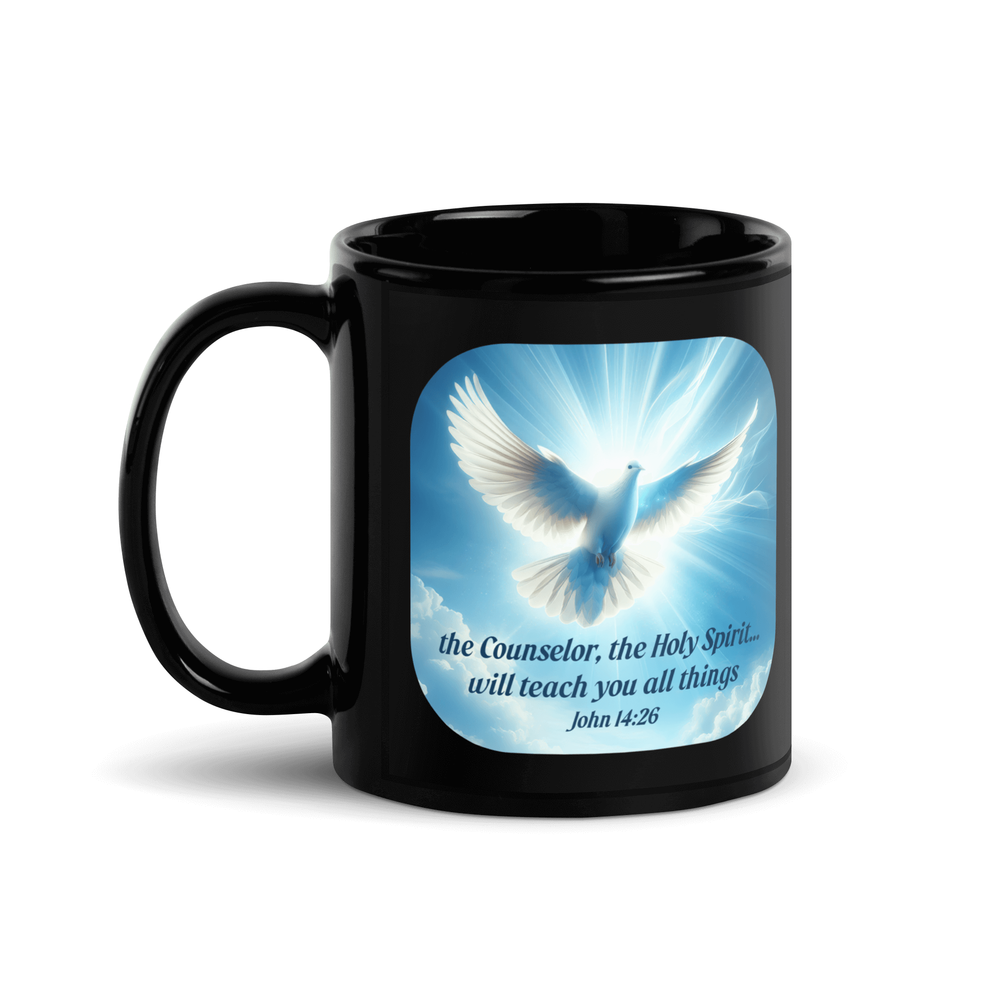 John 14:26 Bible Verse, Holy Spirit Dove Black Glossy Mug 11 oz