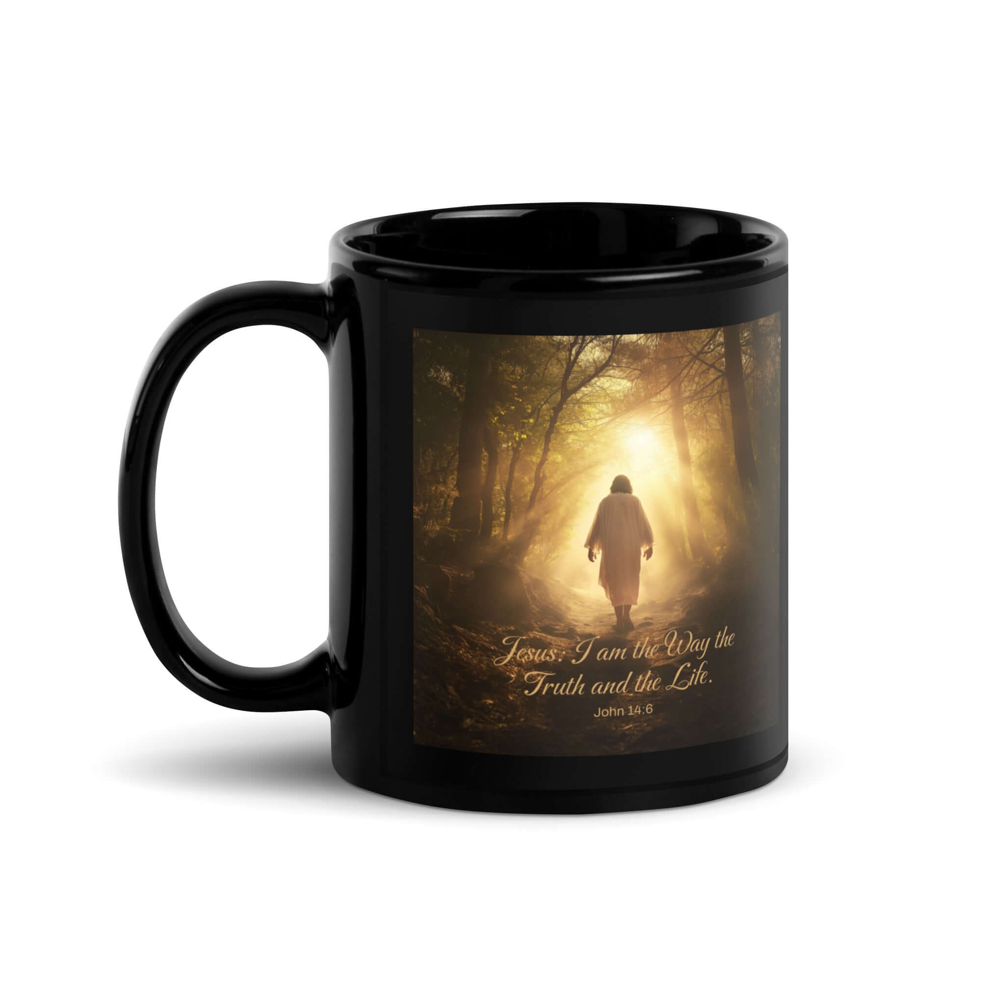 John 14:6 Bible Verse, Forest Image Black Glossy Mug 11 oz