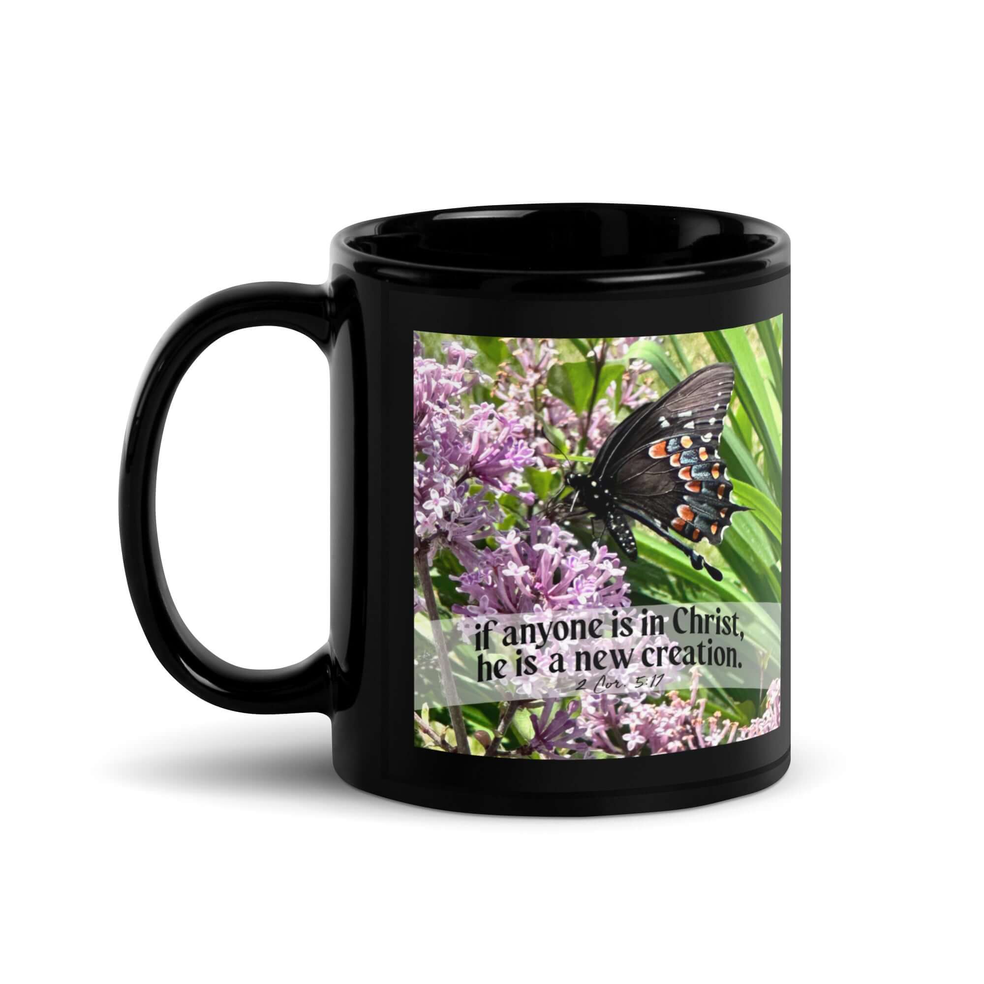 2 Corinthians 5:17 Bible Verse, Butterfly Black Glossy Mug 11 oz