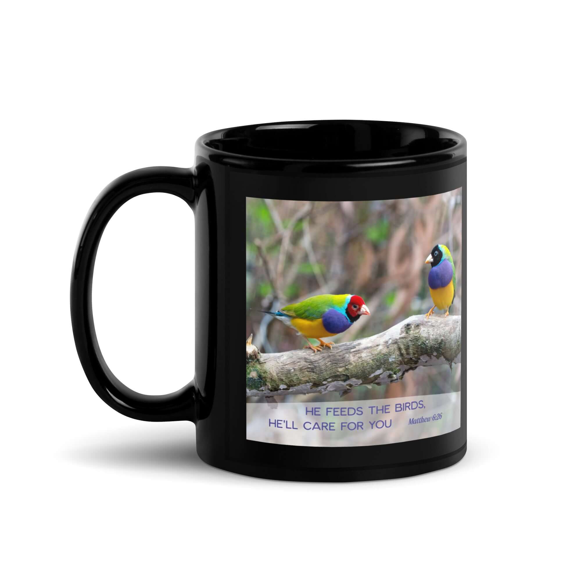 Matthew 6:26 Gouldian Finches, He'll Care for You Black Glossy Mug 11 oz