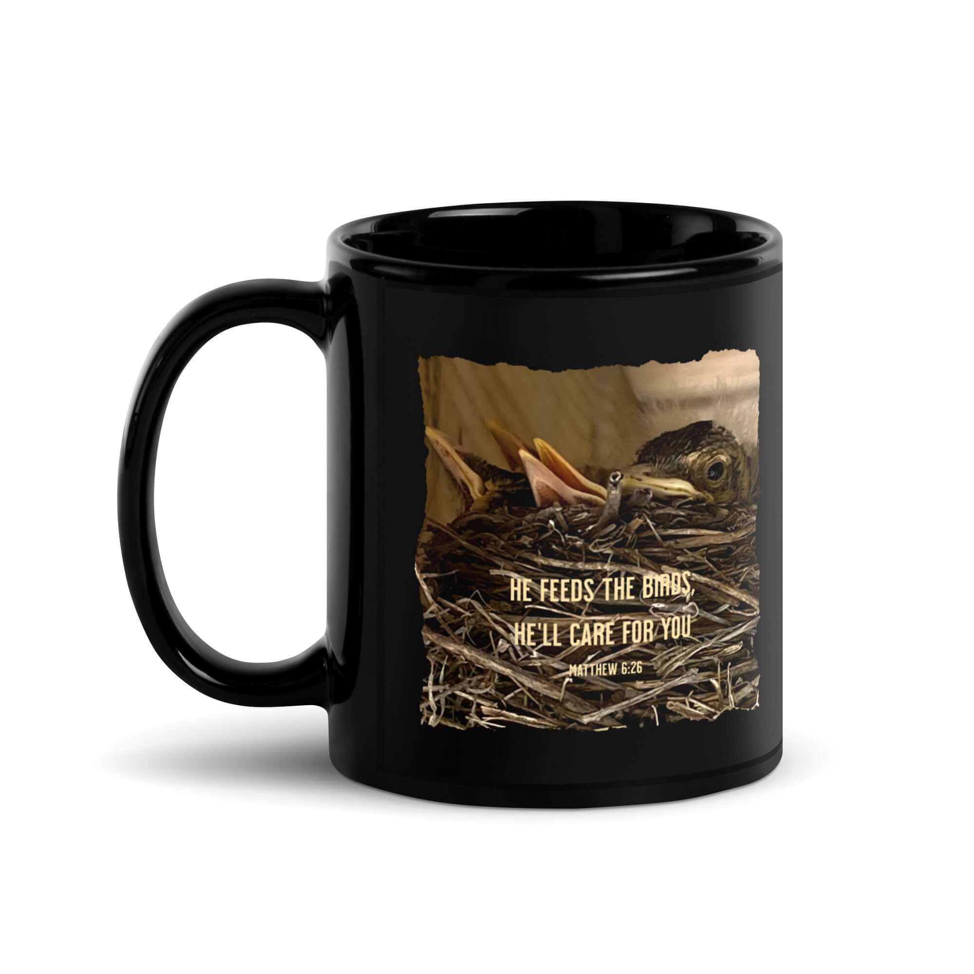 Matthew 6:26 Baby Robins, He'll Care for You Black Glossy Mug 11 oz