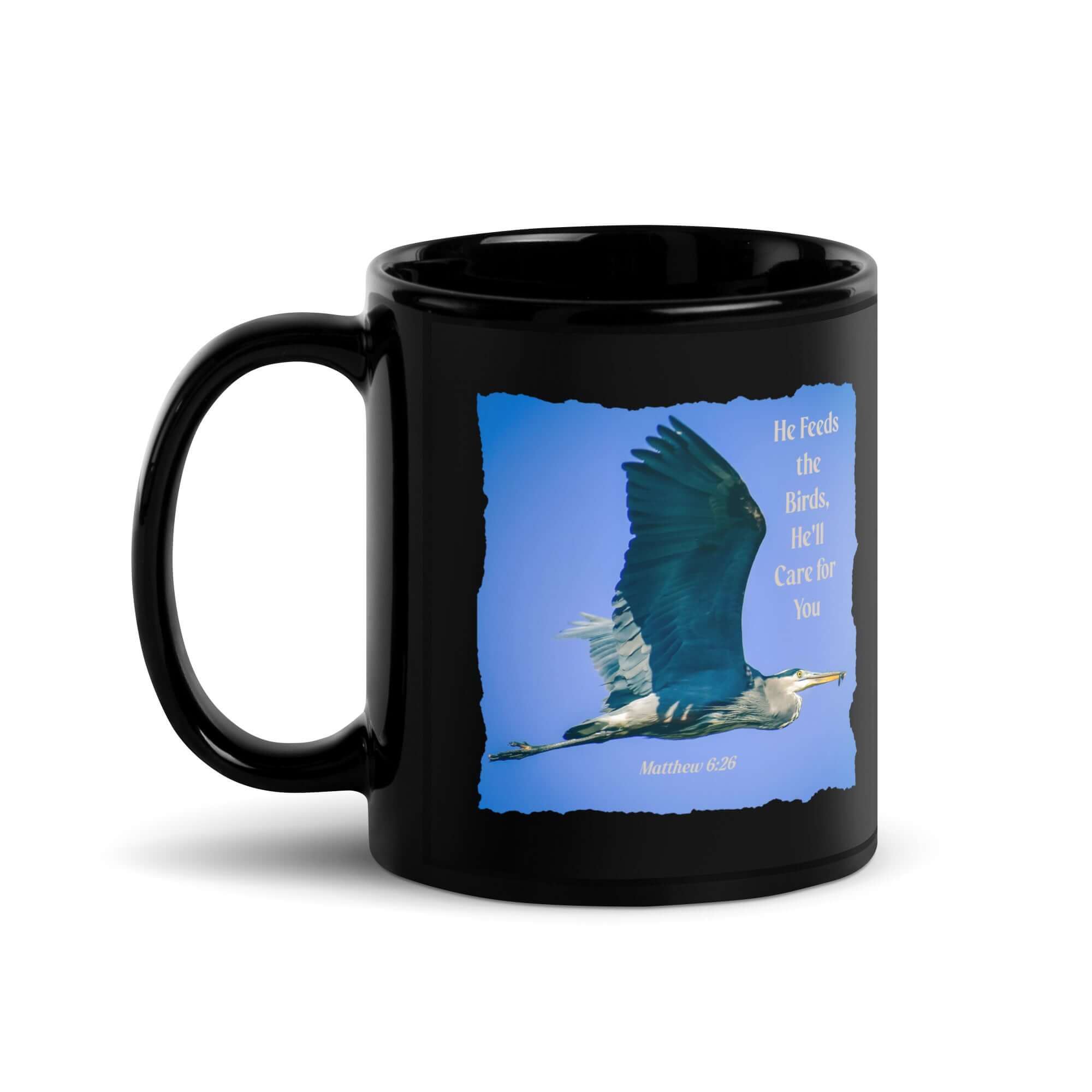 Matthew 6:26 Graceful Heron, He'll Care for You Black Glossy Mug 11 oz