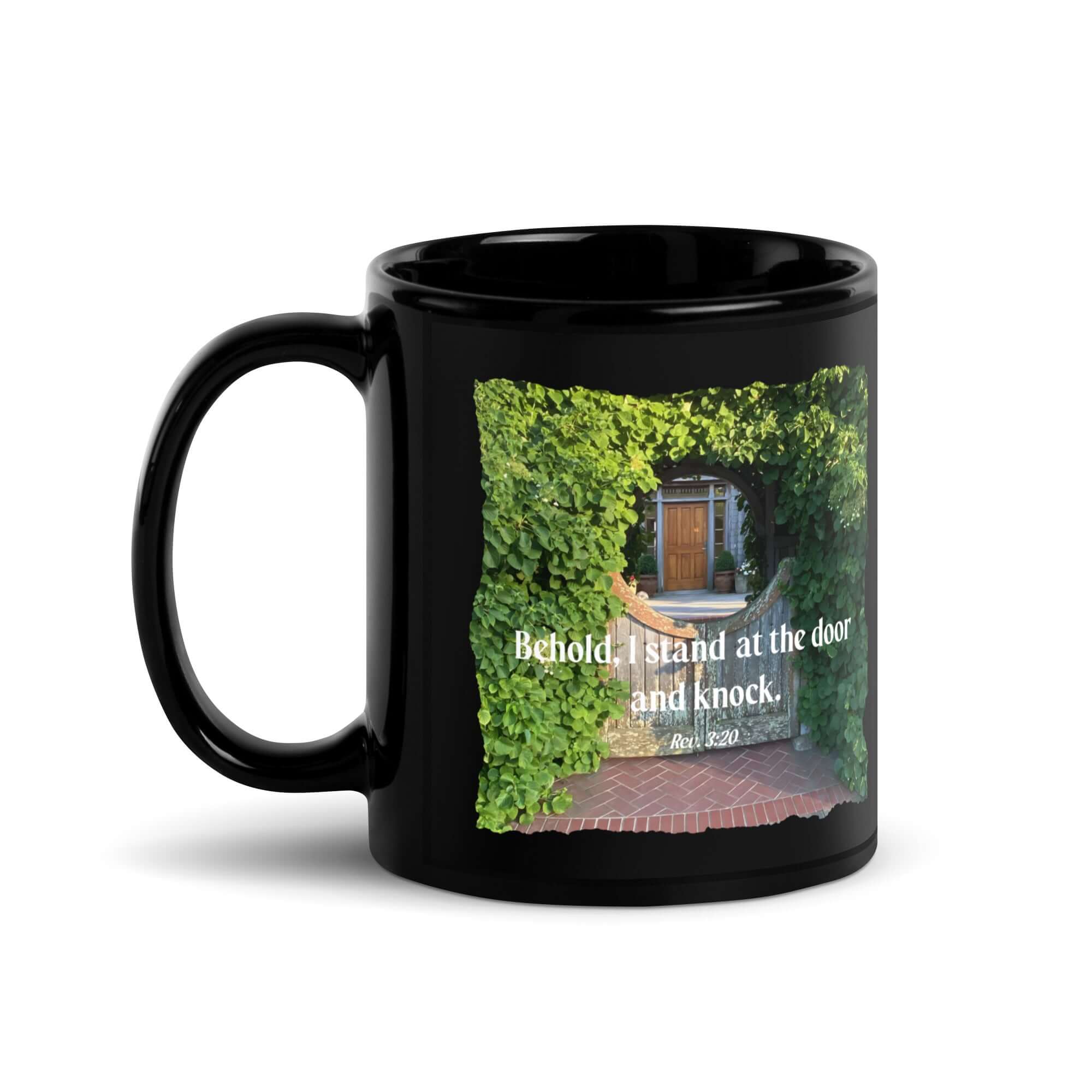 Revelation 3:20 Bible Verse, Garden Doorway Black Glossy Mug 11 oz
