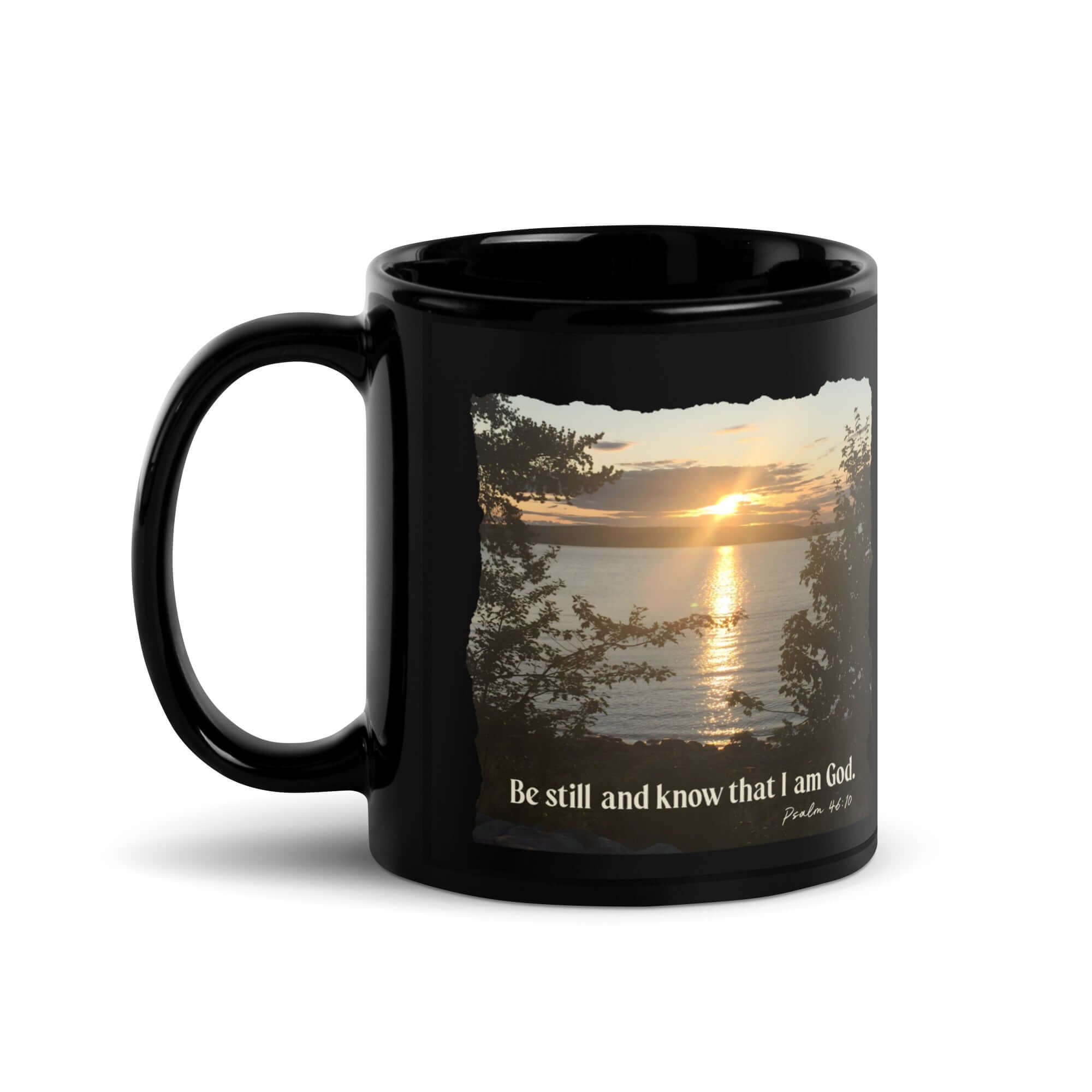 Psalm 46:10 Bible Verse, Sunset Glory Black Glossy Mug 11 oz
