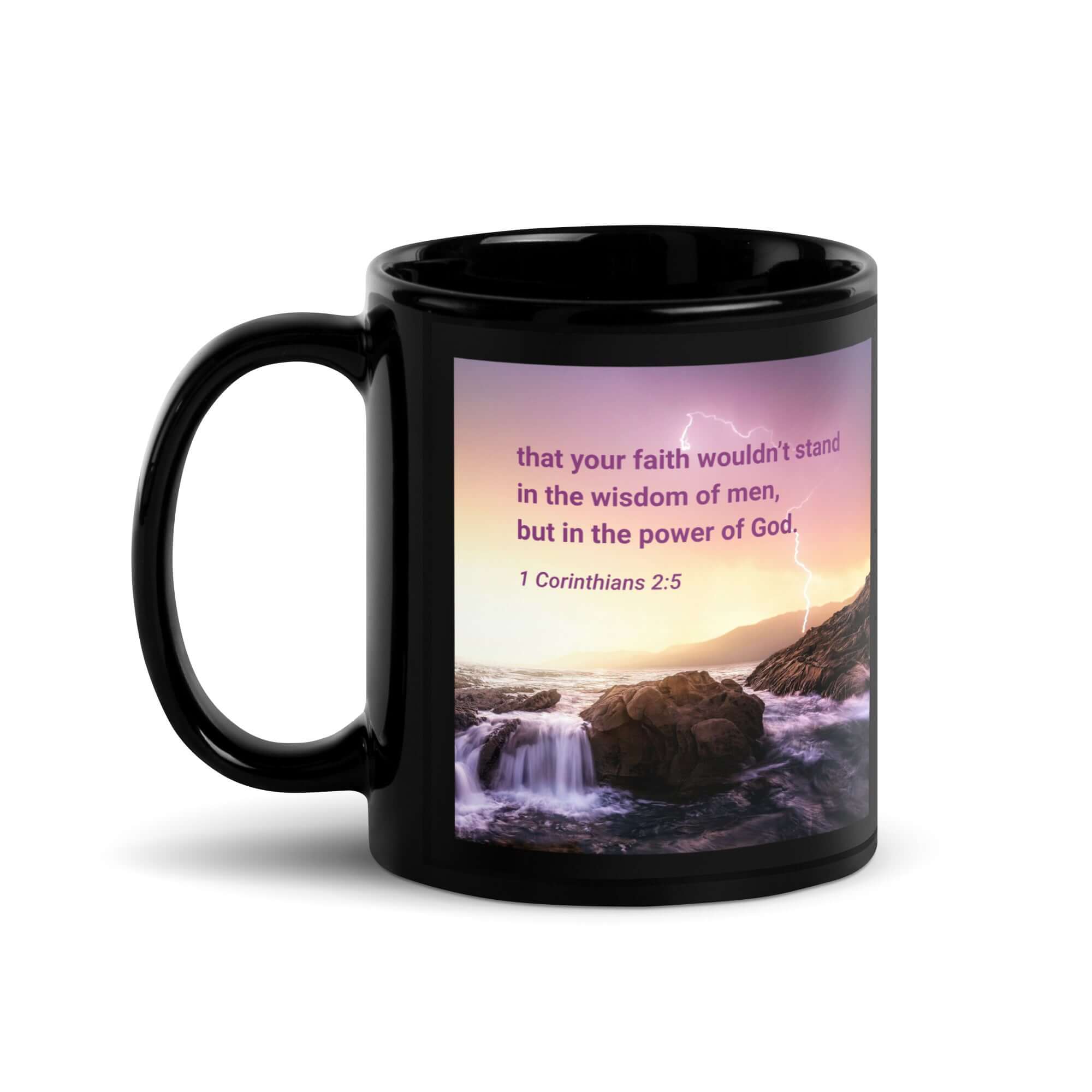 1 Corinthians 2:5 Bible Verse, power of God Black Glossy Mug 11 oz