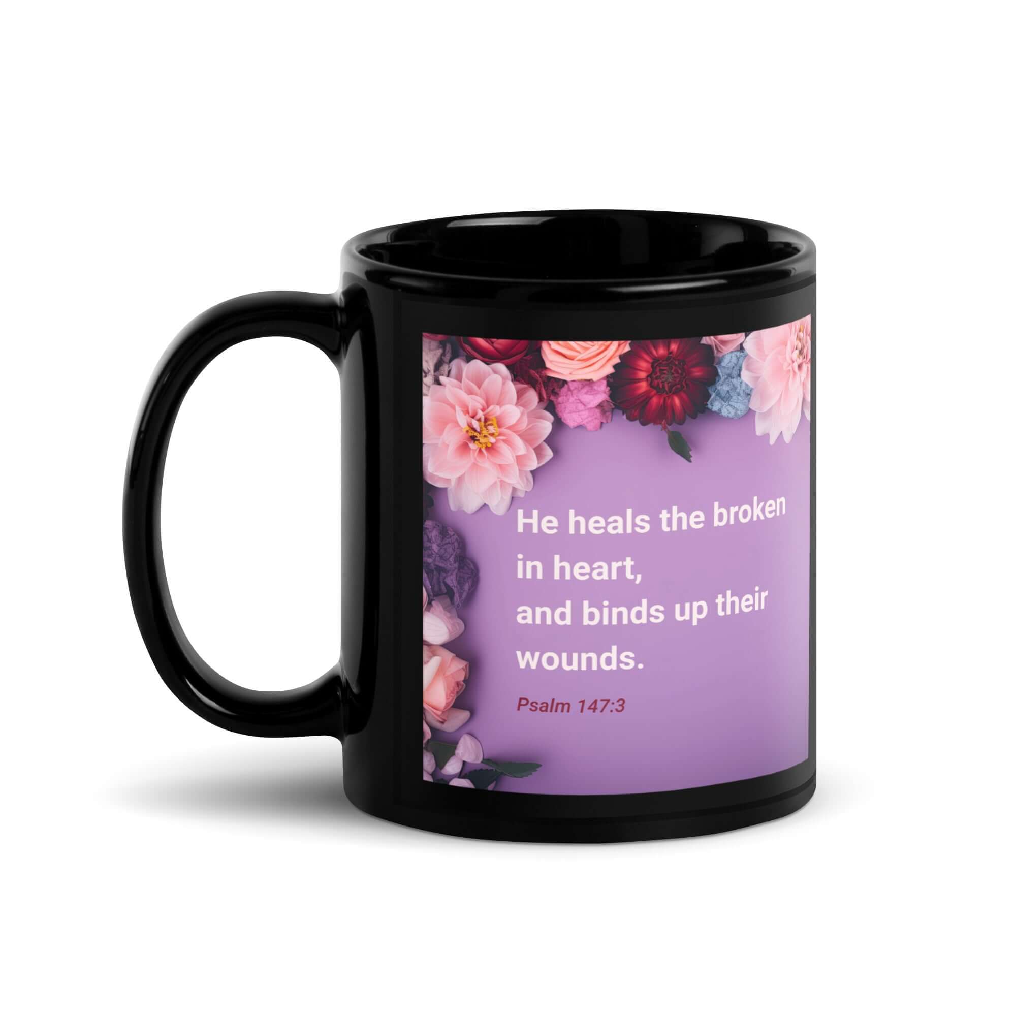 Psalm 147:3 Bible Verse, He heals the broken Black Glossy Mug 11 oz