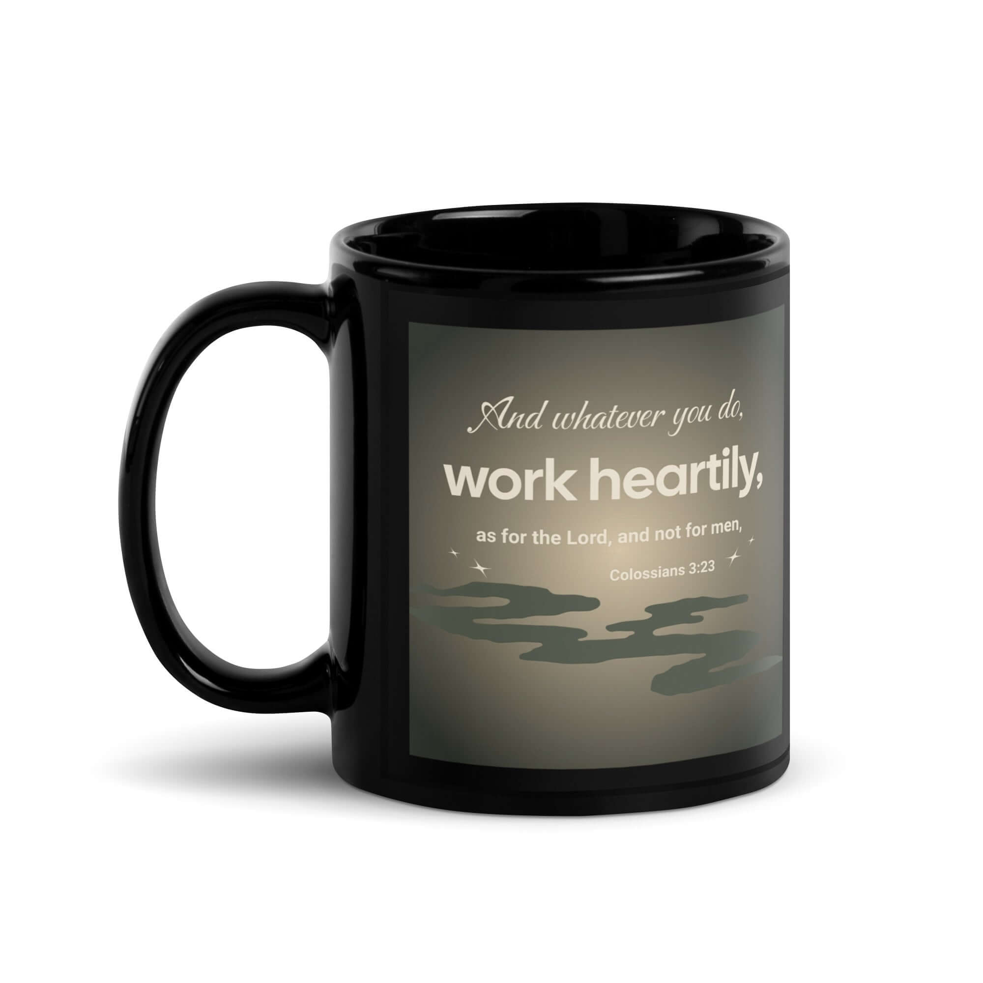 Colossians 3:23 Bible Verse, as for the Lord Black Glossy Mug 11 oz