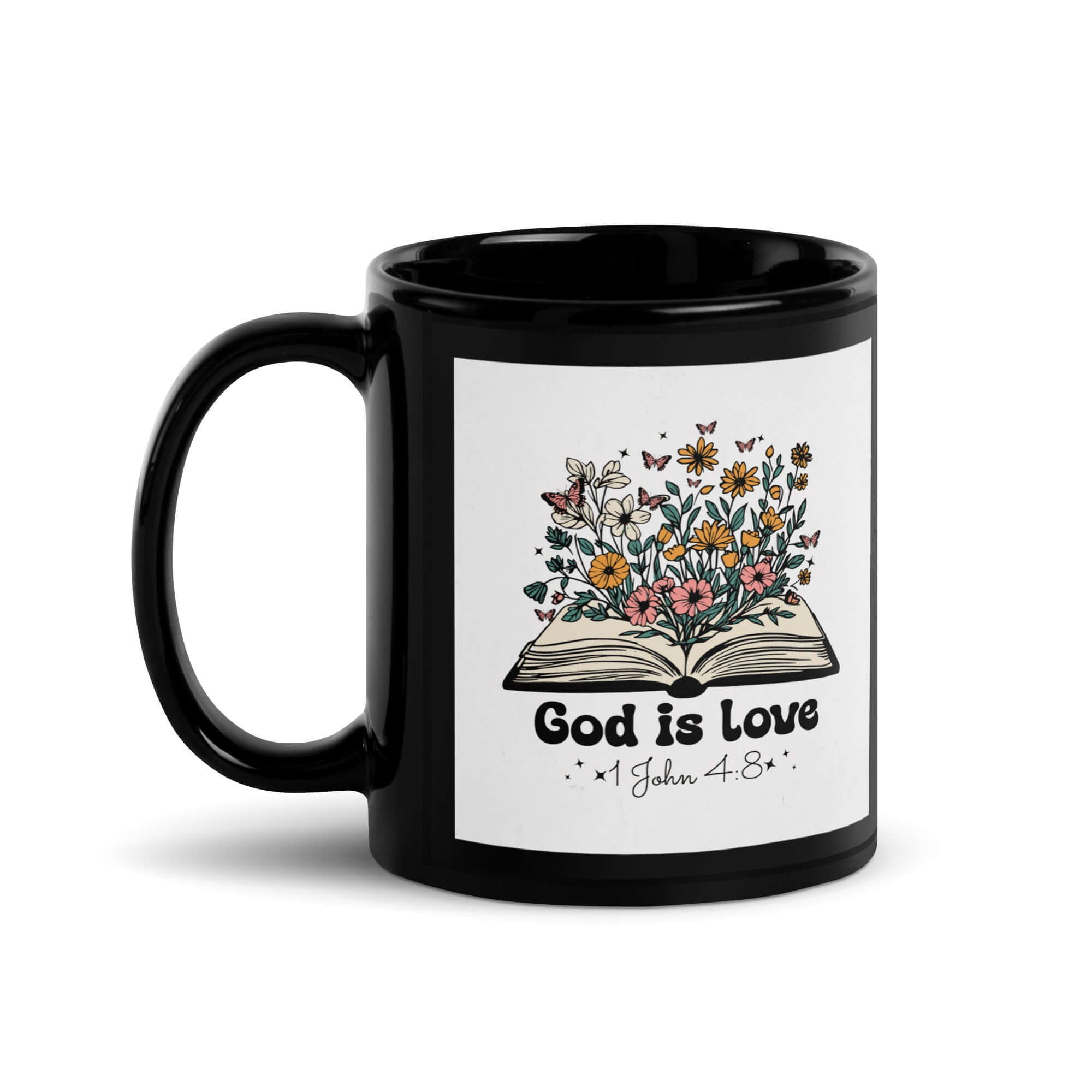 1 John 4:8 Bible Verse, God is Love Black Glossy Mug 11 oz
