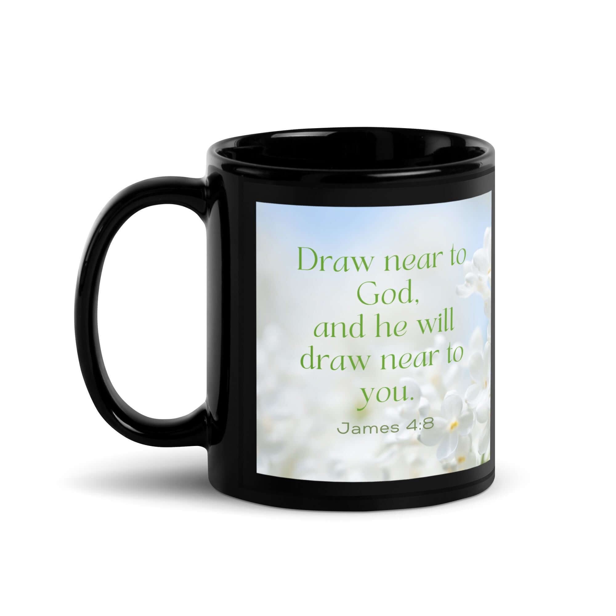 James 4:8 Bible Verse, Draw near Black Glossy Mug 11 oz