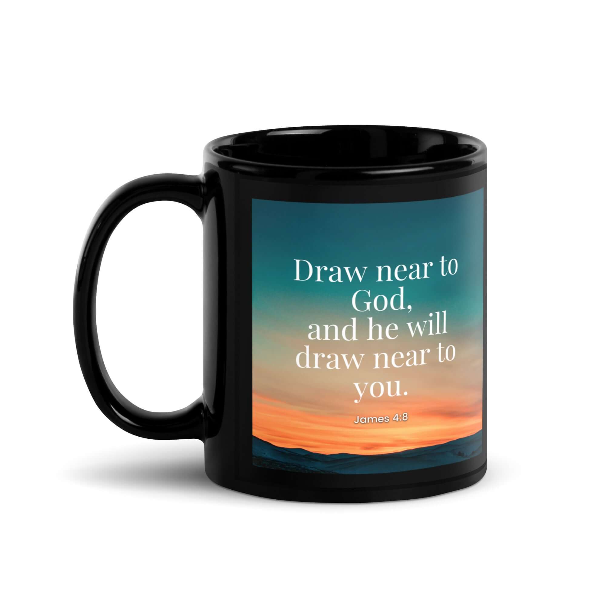 James 4:8 Bible Verse, near to God Black Glossy Mug 11 oz