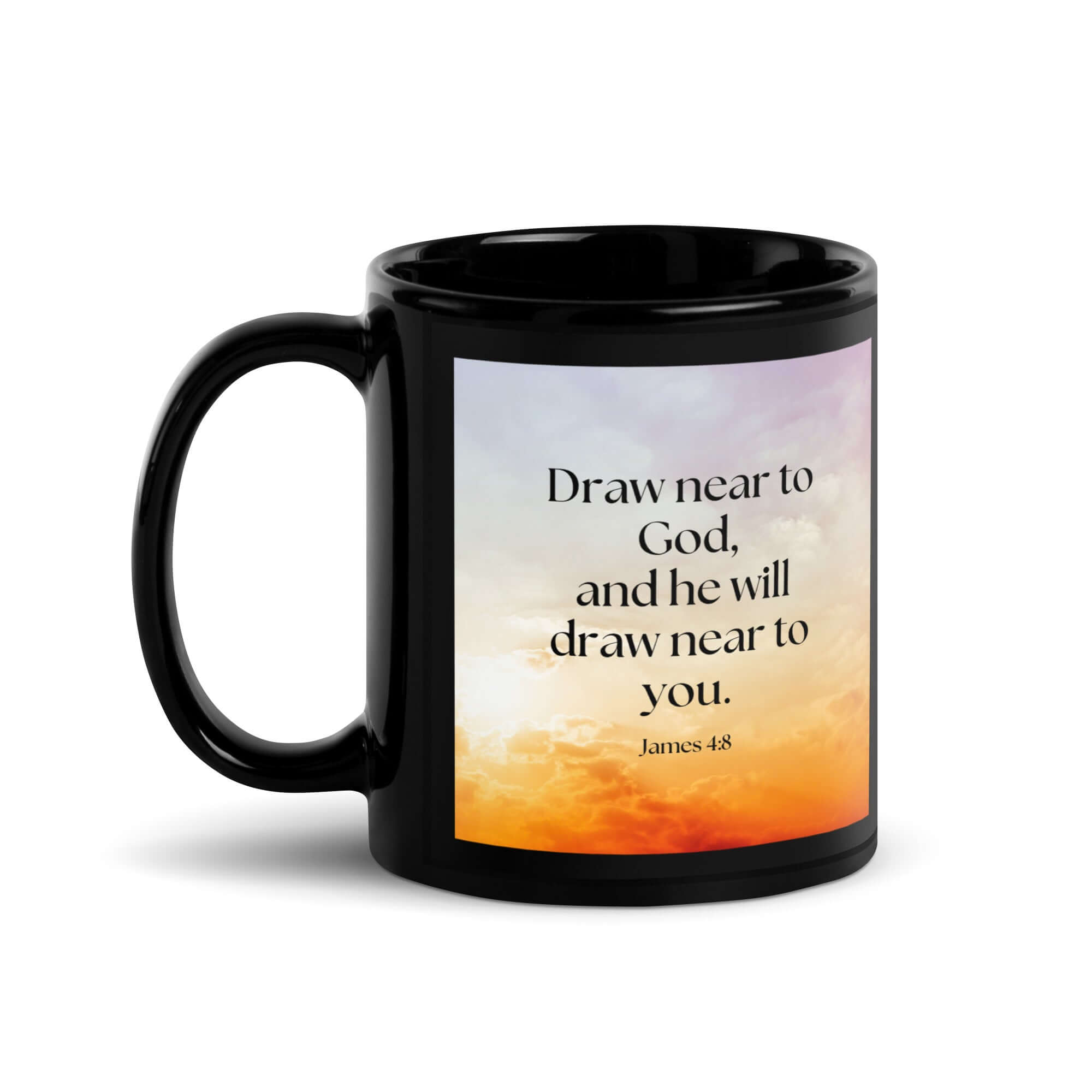 James 4:8 Bible Verse, he will draw Black Glossy Mug 11 oz