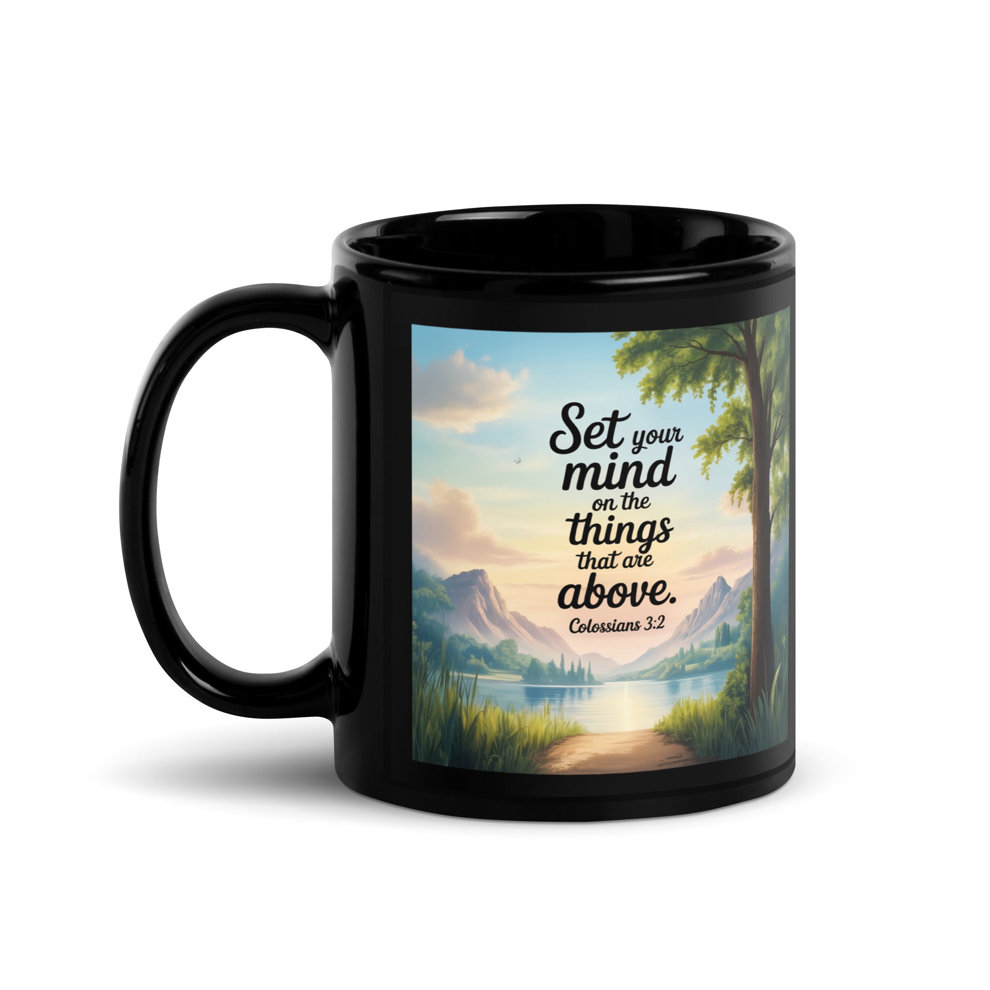 Colossians 3:2 Bible Verse Set Black Glossy Mug 11 oz