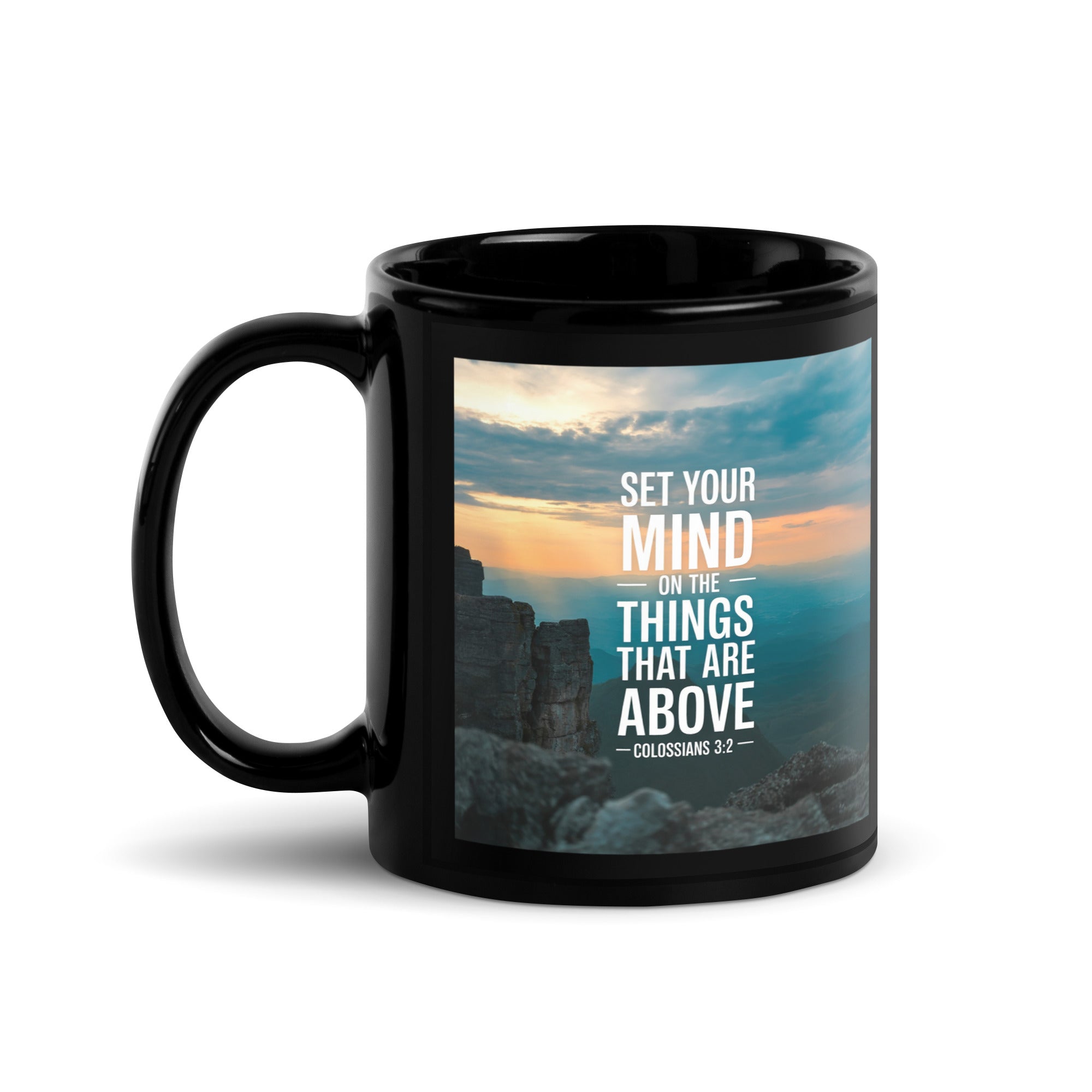 Colossians 3:2 Bible Verse on the Black Glossy Mug 11 oz