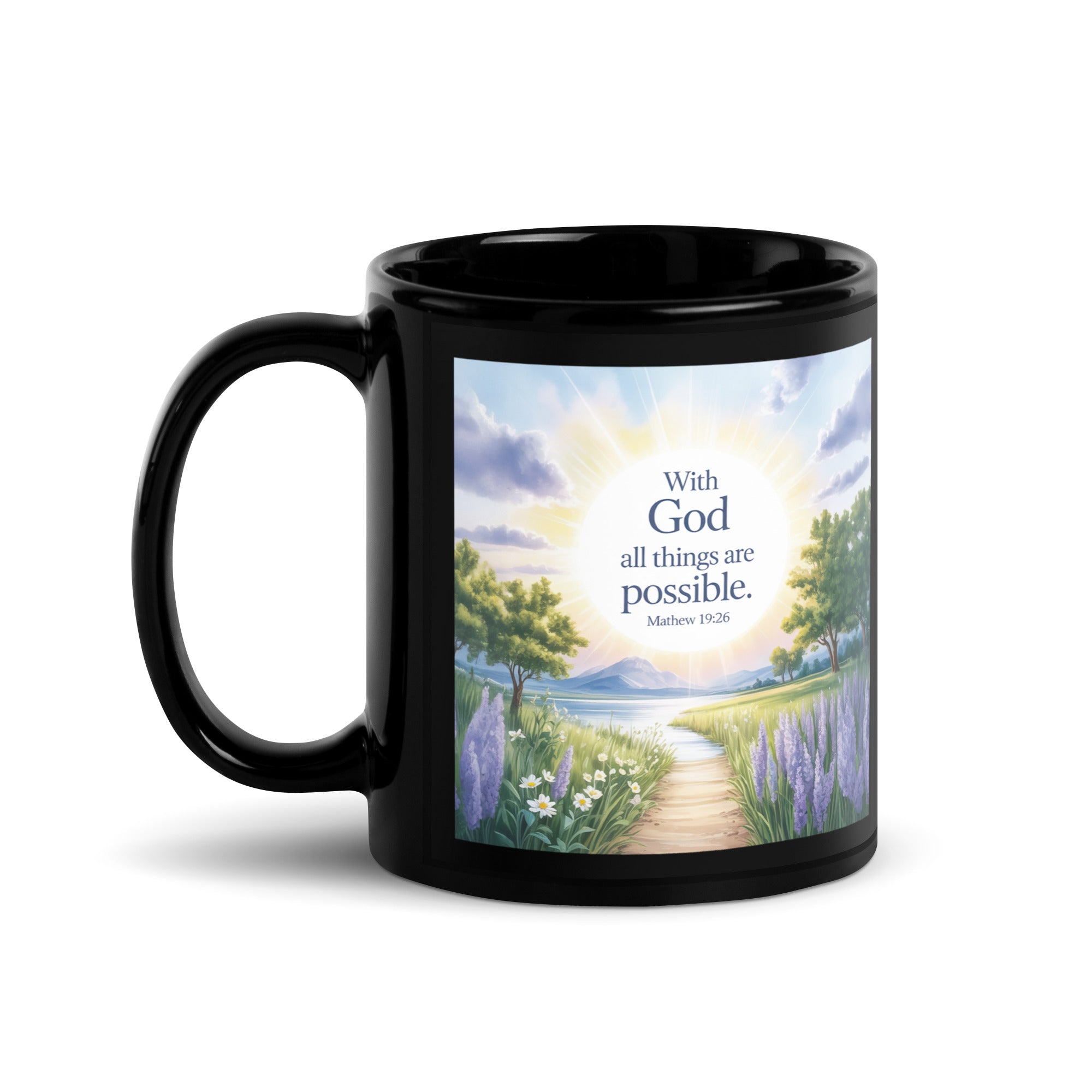 Matthew 19:26 Bible Verse Looking at Black Glossy Mug 11 oz