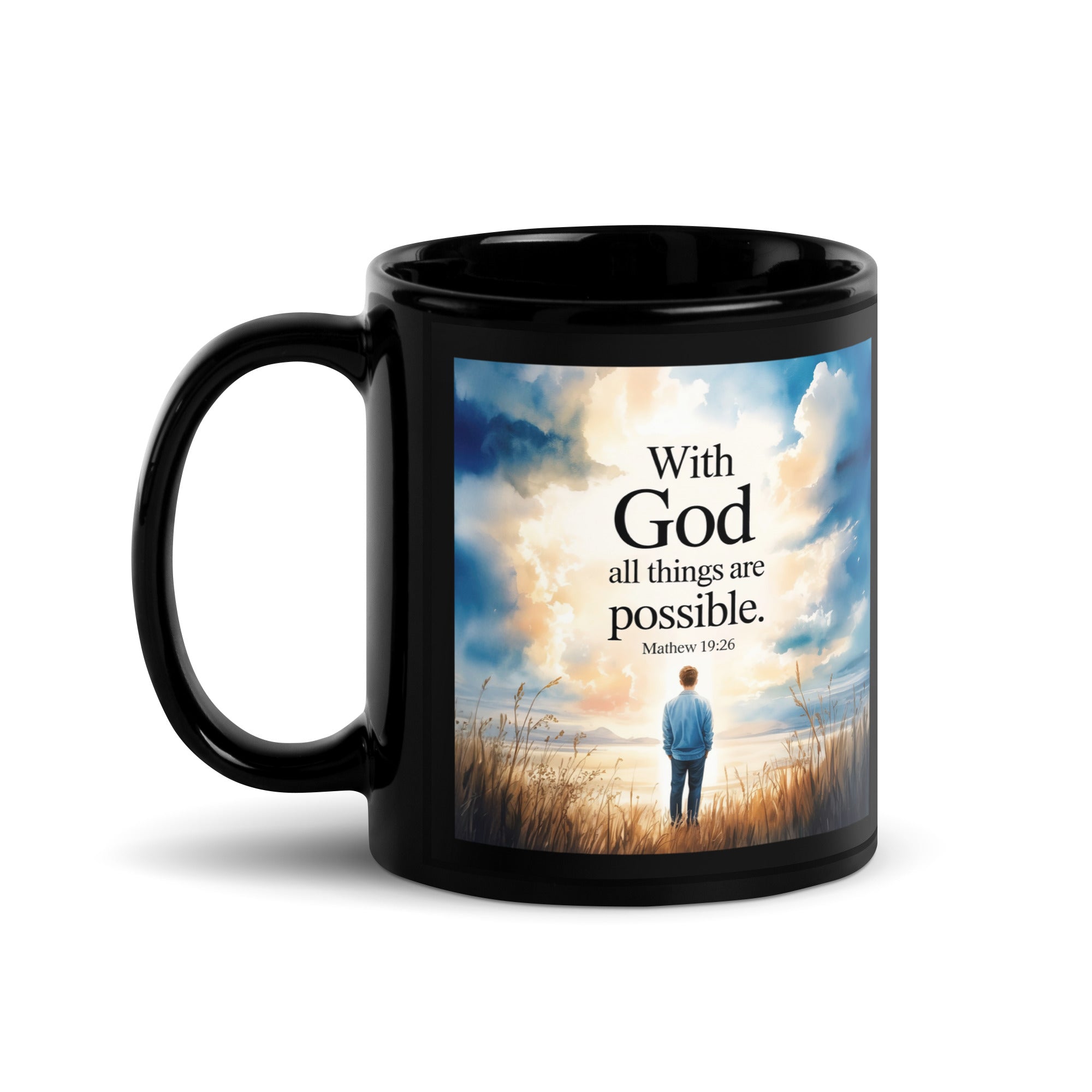 Matthew 19:26 Bible Verse Jesus Black Glossy Mug 11 oz