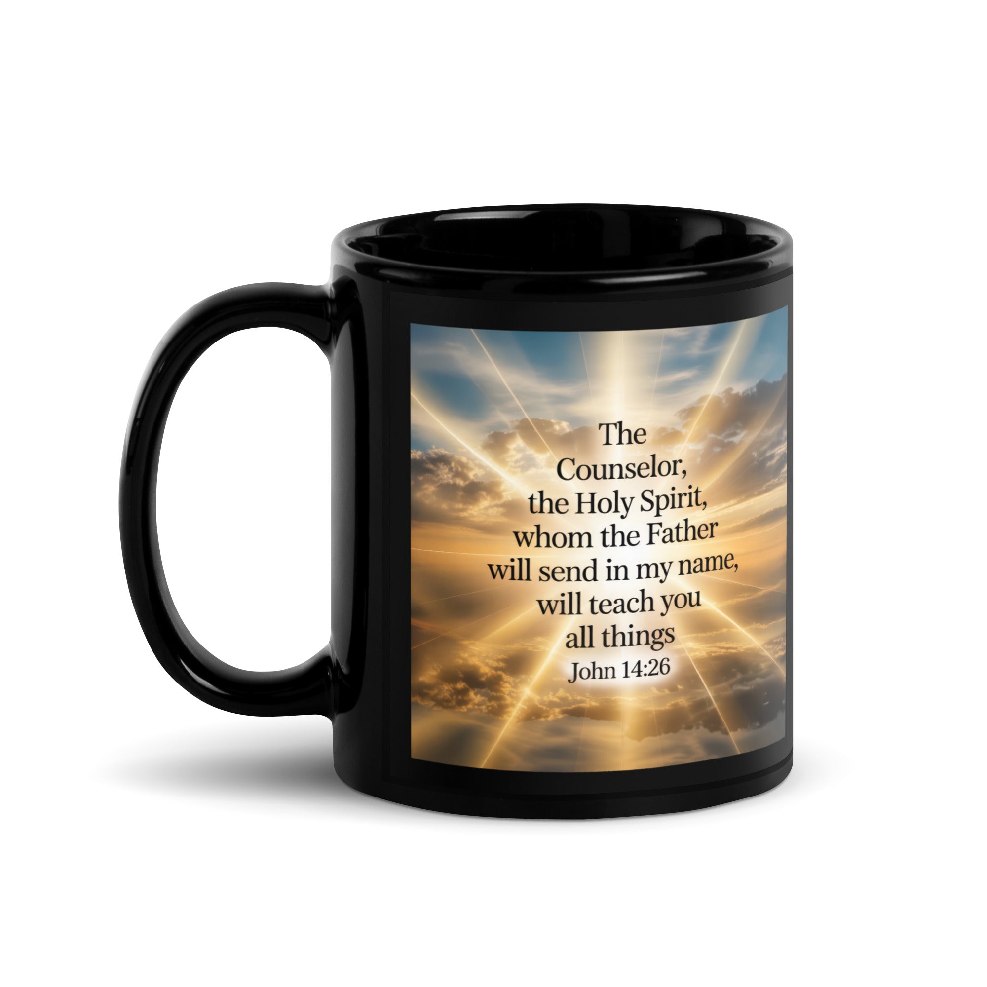 John 14:26 Bible Verse will send Black Glossy Mug 11 oz