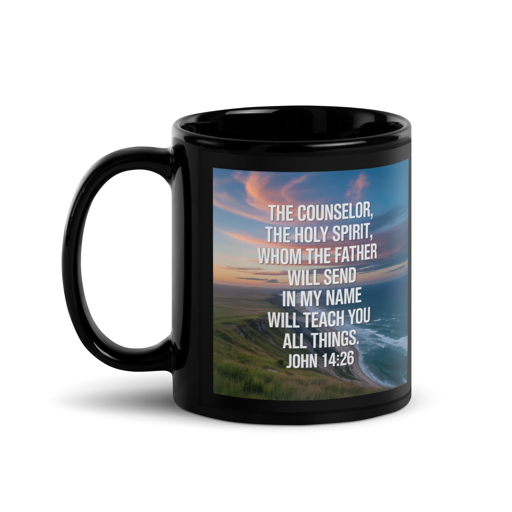 John 14:26 Bible Verse will teach Black Glossy Mug 11 oz