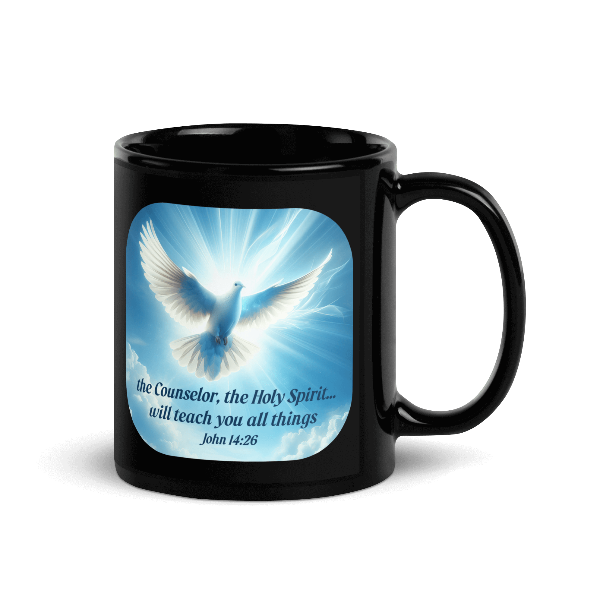 John 14:26 Bible Verse, Holy Spirit Dove Black Glossy Mug