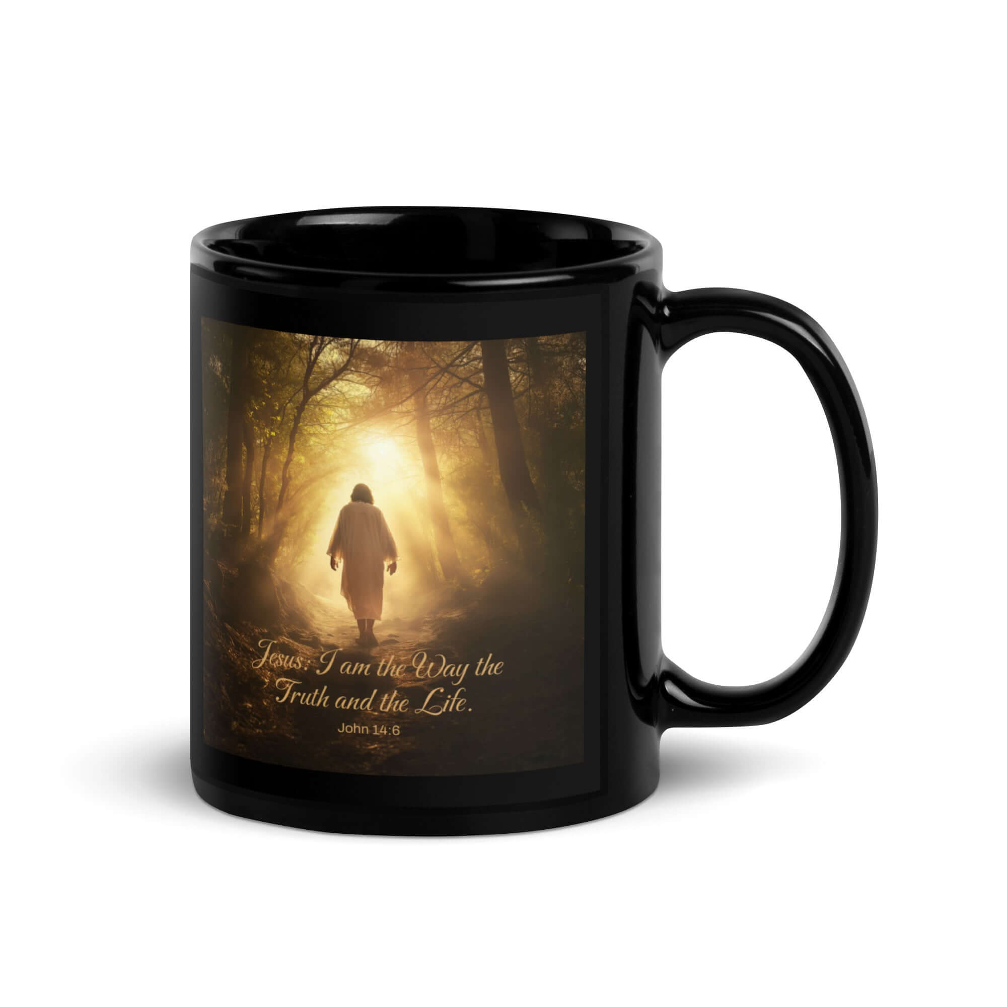 John 14:6 Bible Verse, Forest Image Black Glossy Mug