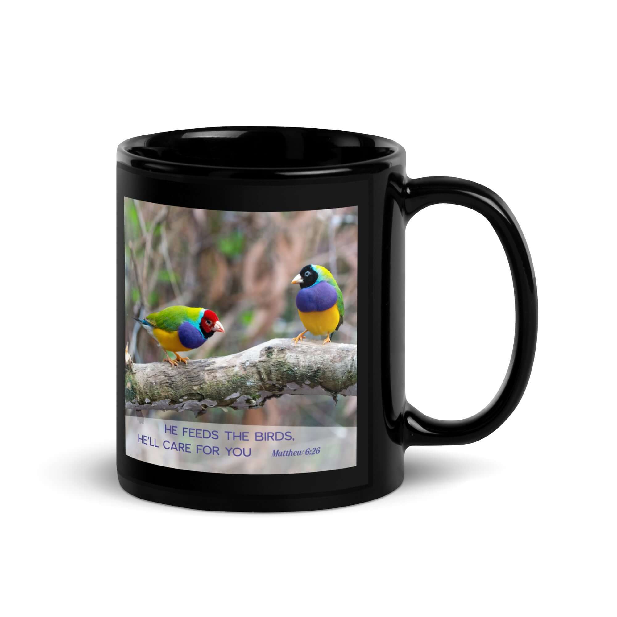 Matthew 6:26 Gouldian Finches, He'll Care for You Black Glossy Mug
