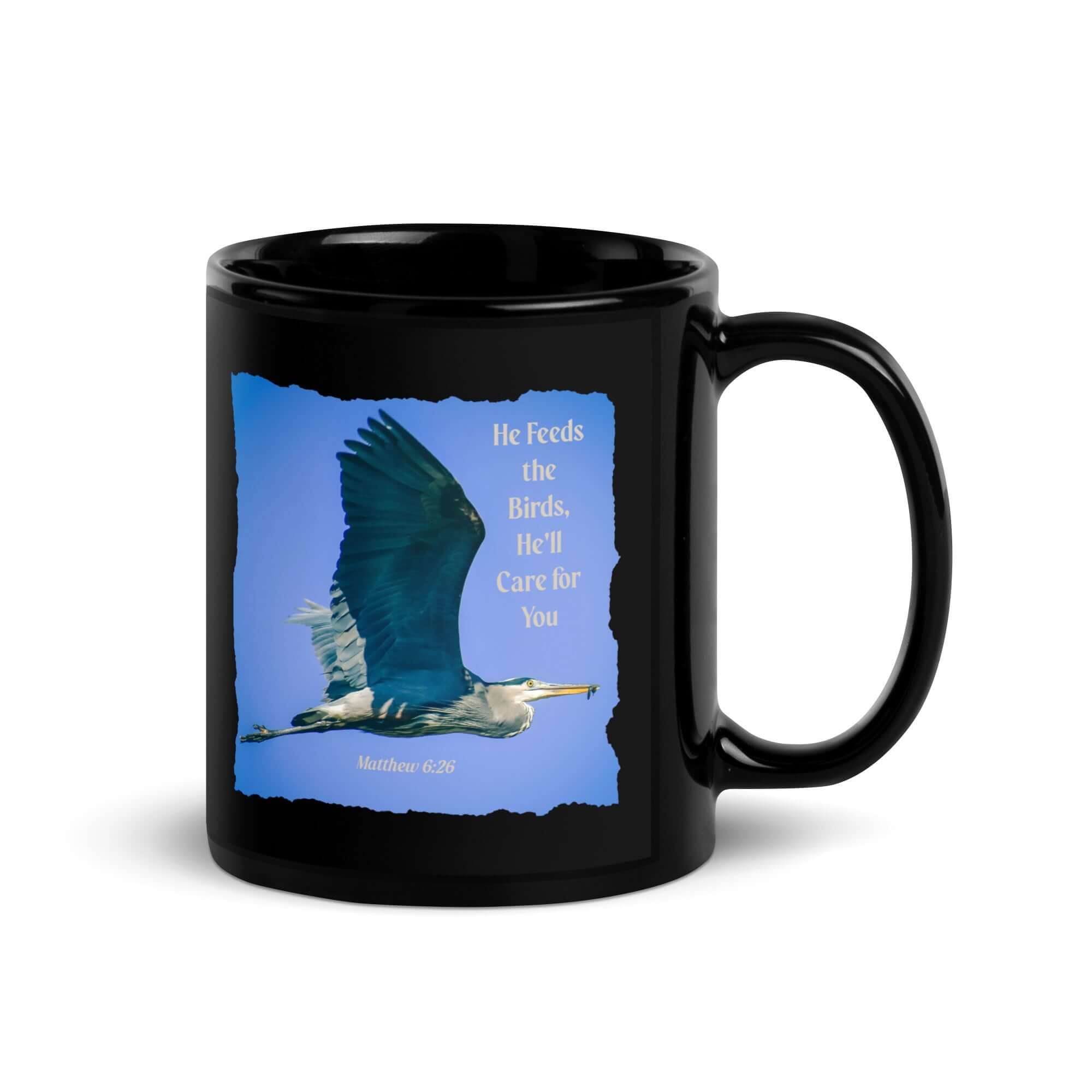 Matthew 6:26 Graceful Heron, He'll Care for You Black Glossy Mug