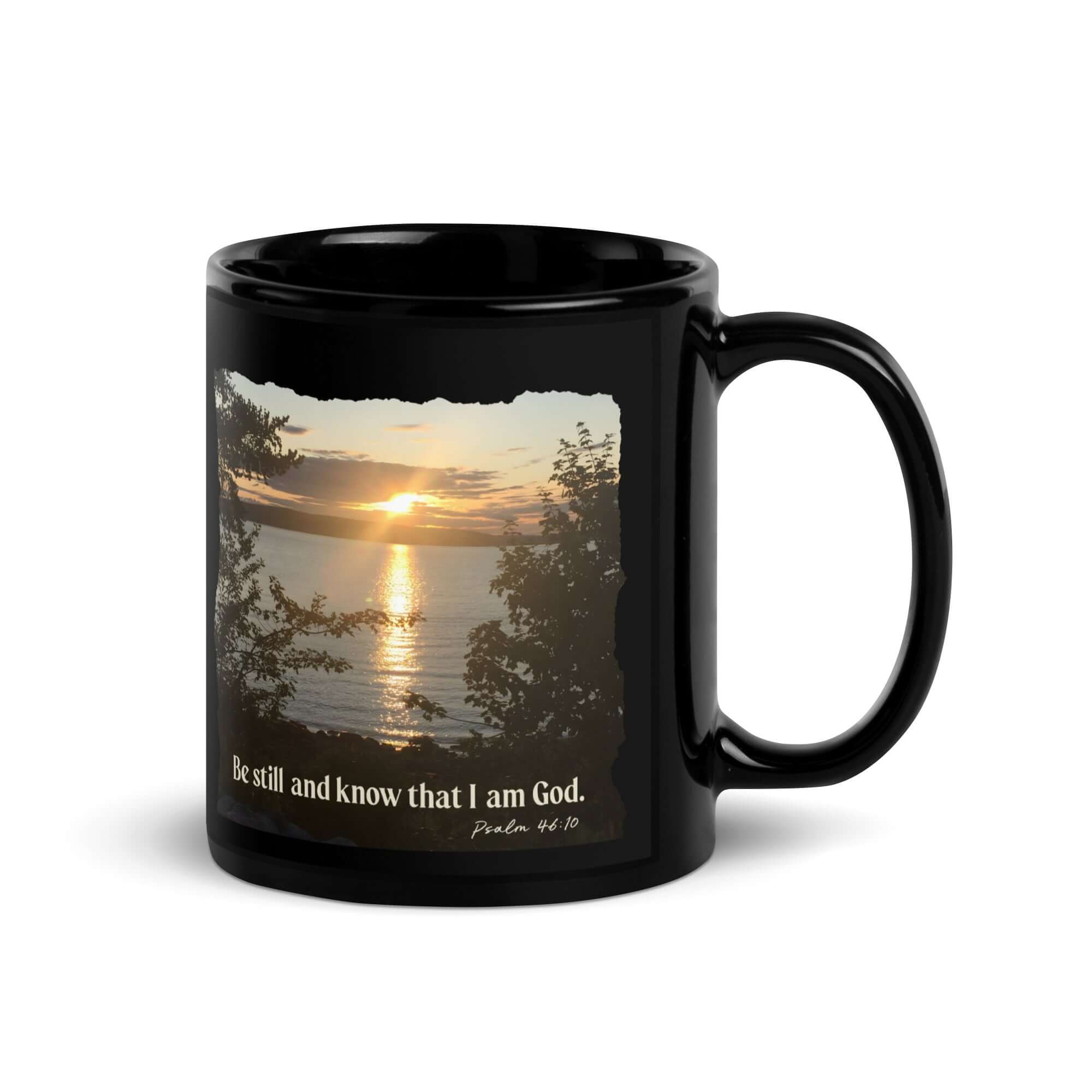 Psalm 46:10 Bible Verse, Sunset Glory Black Glossy Mug