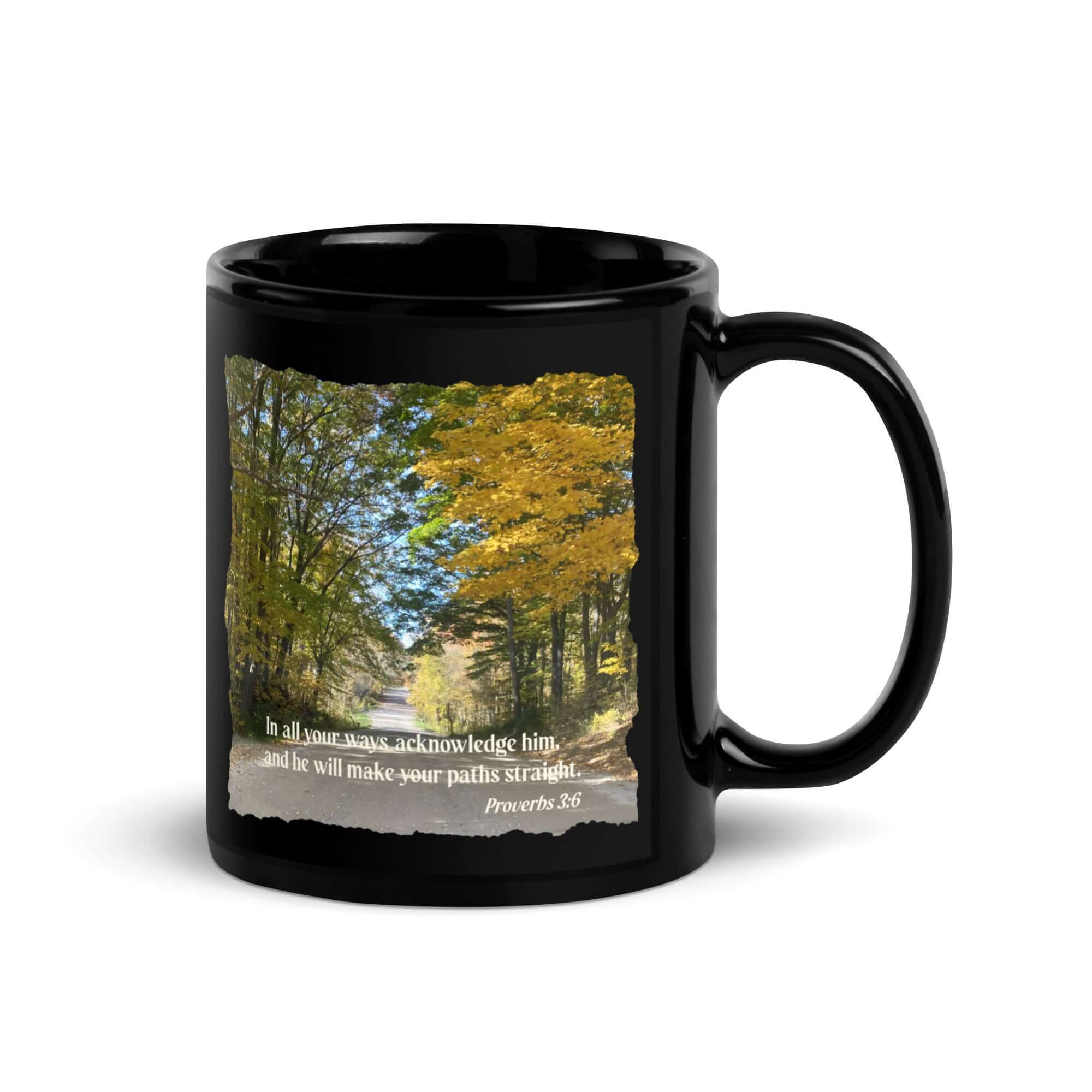 Proverbs 3:6 Bible Verse, Fall Road Black Glossy Mug