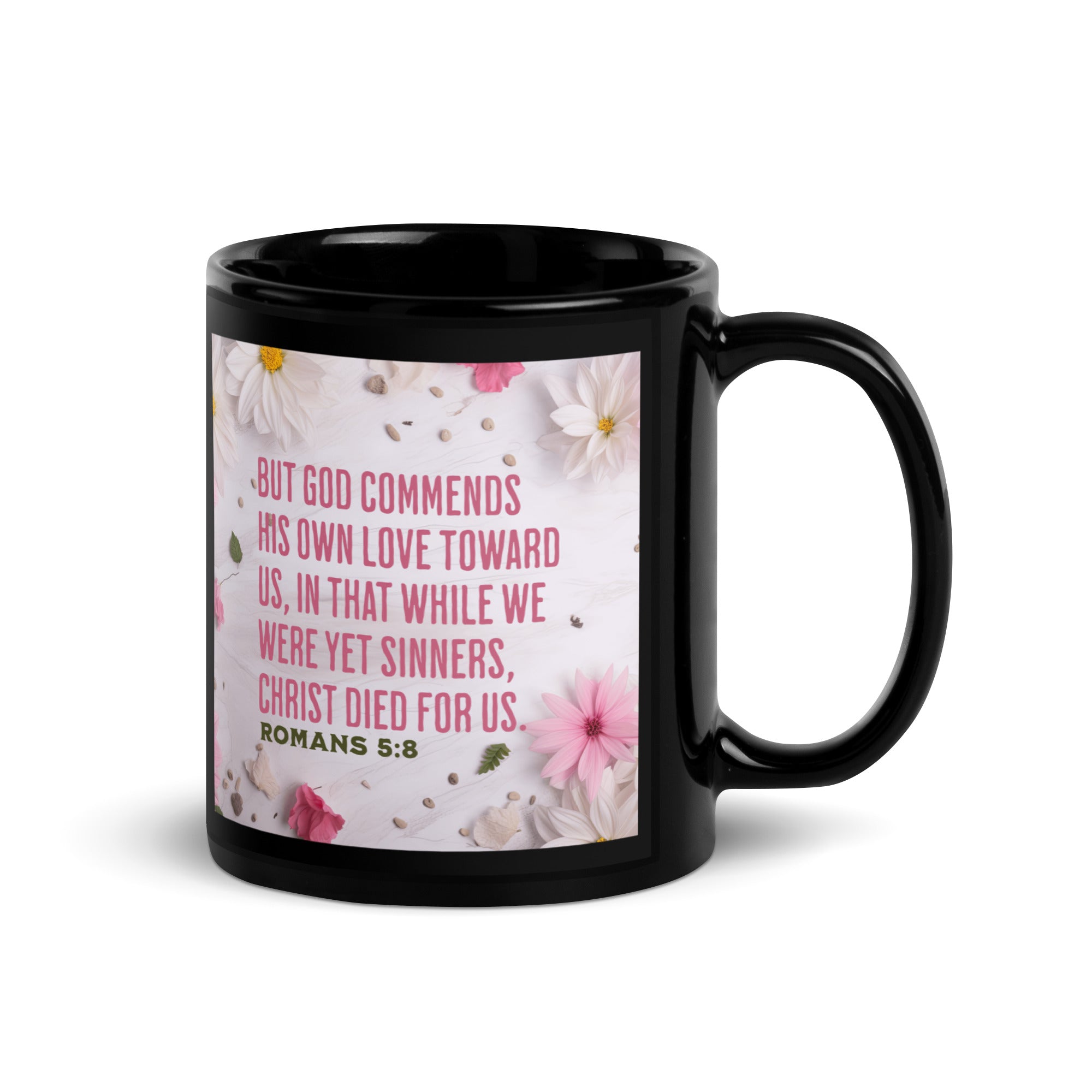 Romans 5:8 Bible Verse, Christ Died for Us Black Glossy Mug