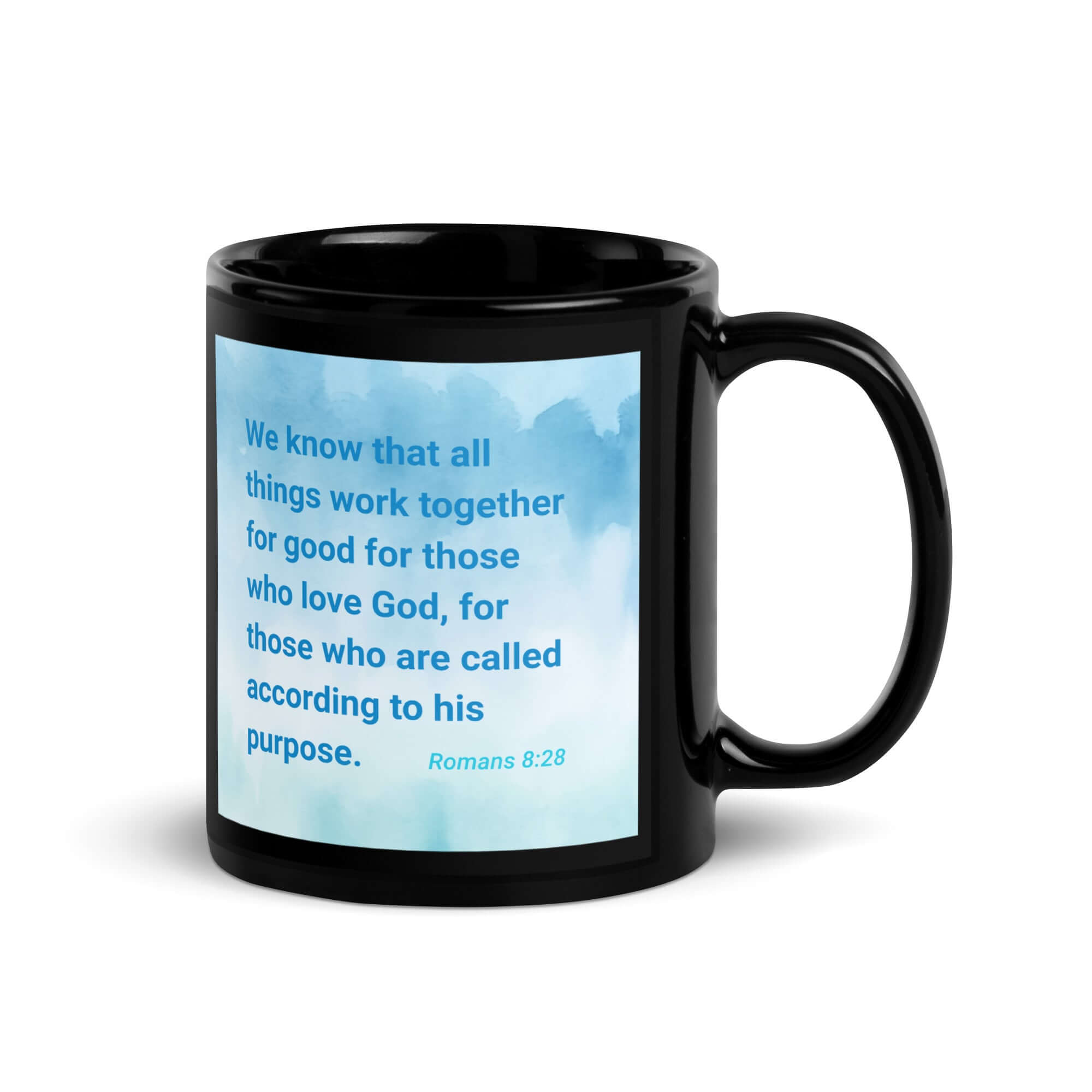 Romans 8:28 Bible Verse, together for good Black Glossy Mug