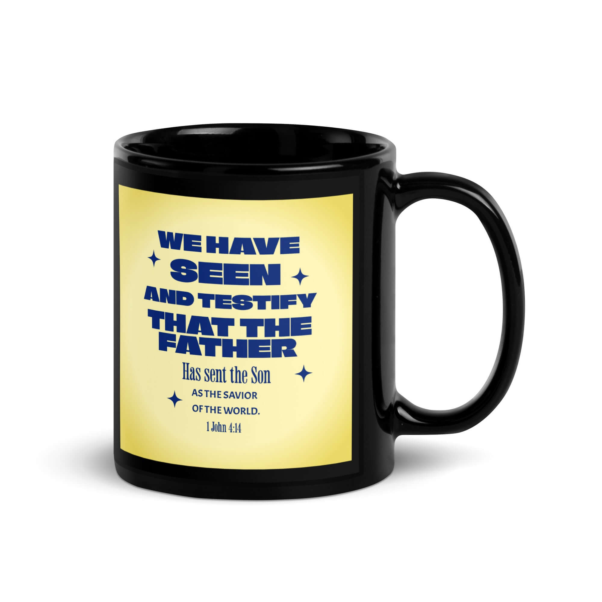 1 John 4:14 Bible Verse, Savior of the world Black Glossy Mug
