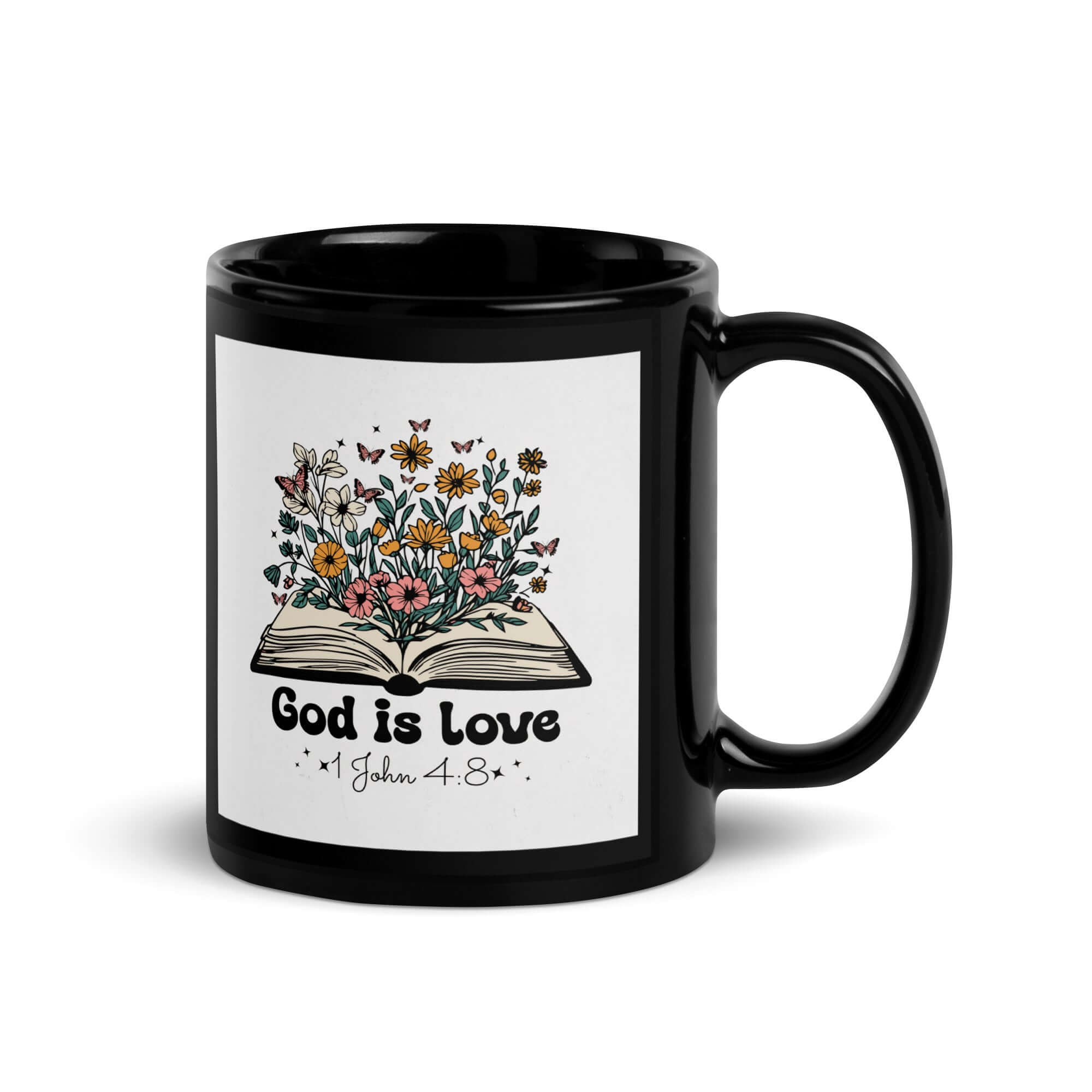 1 John 4:8 Bible Verse, God is Love Black Glossy Mug