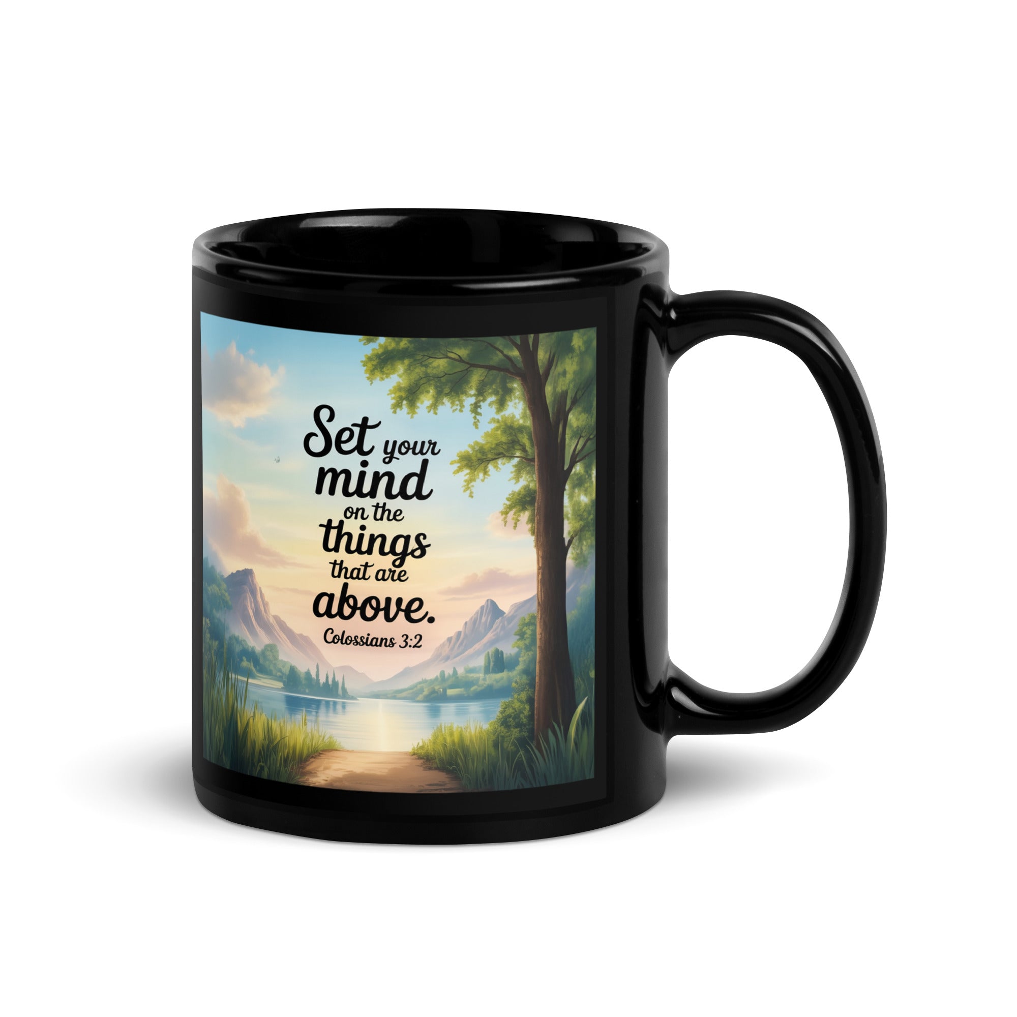 Colossians 3:2 Bible Verse Set Black Glossy Mug