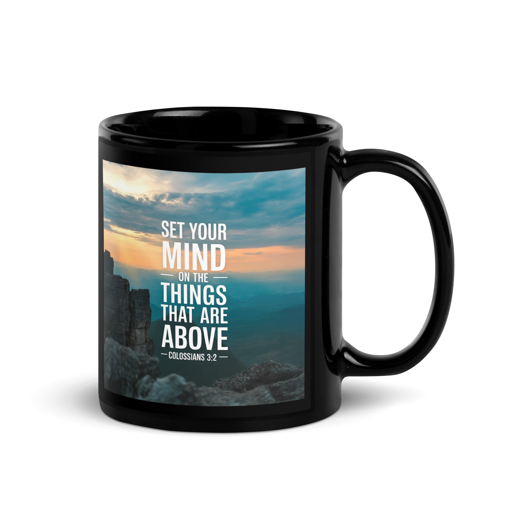 Colossians 3:2 Bible Verse on the Black Glossy Mug