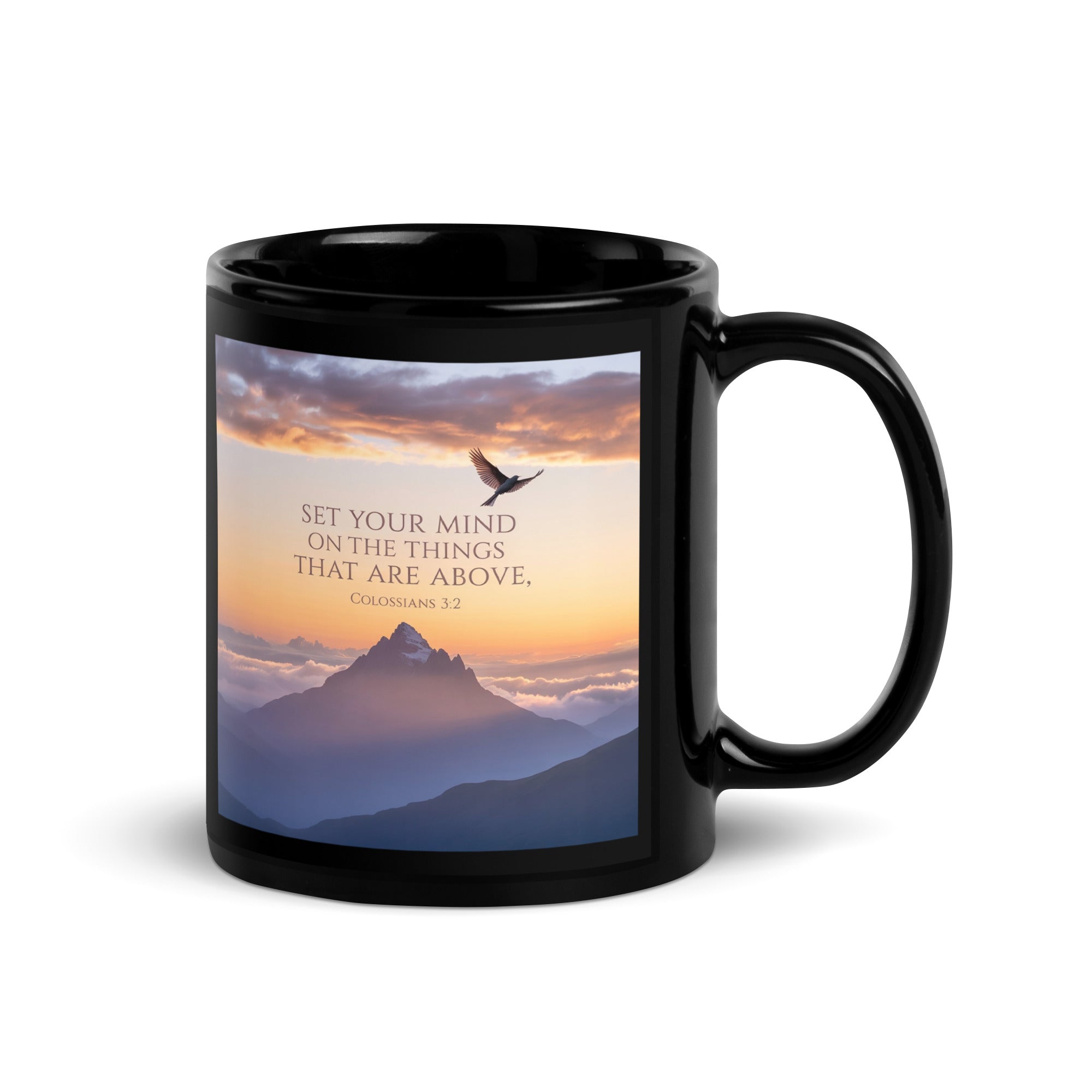 Colossians 3:2 Bible Verse are above Black Glossy Mug