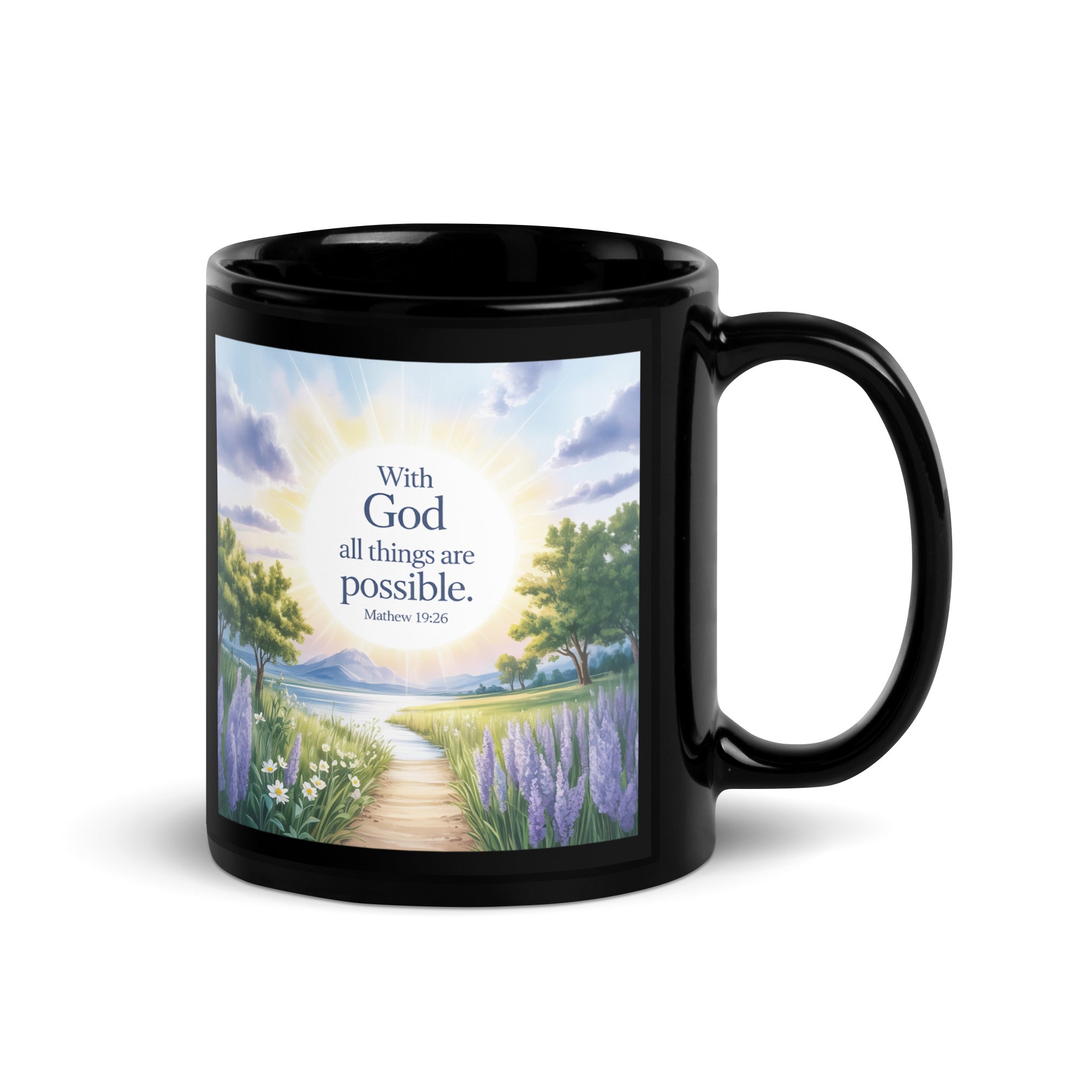 Matthew 19:26 Bible Verse Looking at Black Glossy Mug