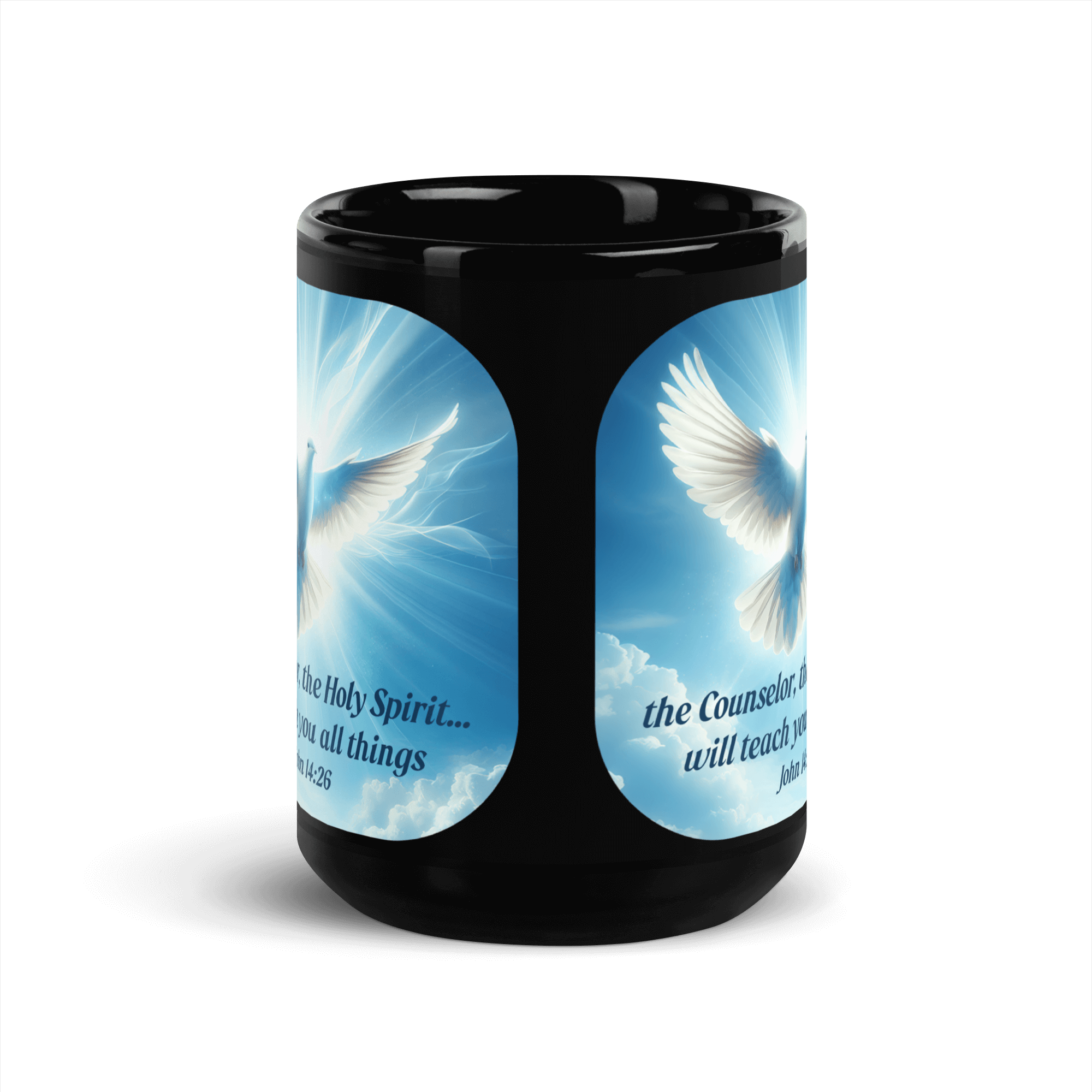 John 14:26 Bible Verse, Holy Spirit Dove Black Glossy Mug