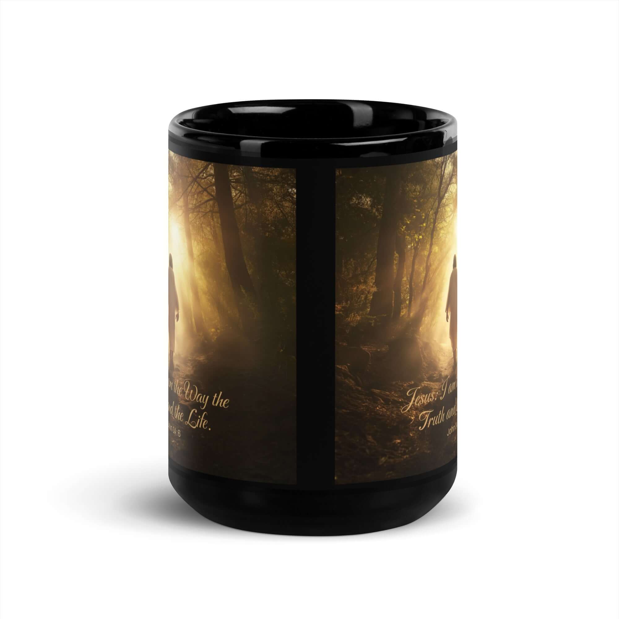 John 14:6 Bible Verse, Forest Image Black Glossy Mug
